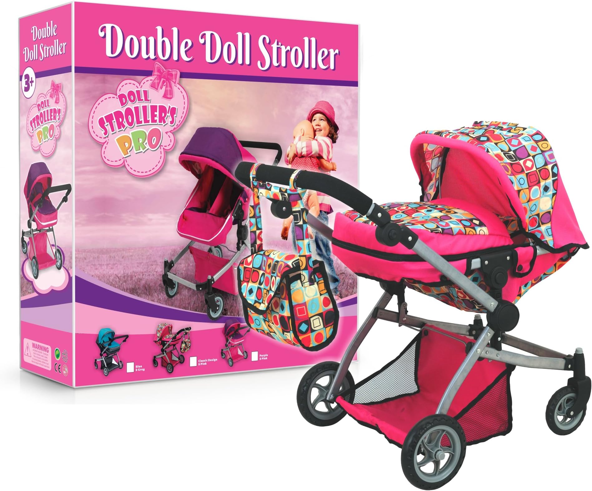 Deluxe Twin Doll Pram with Swiveling Wheels & Adjustable Handle and Free Carriage Bag