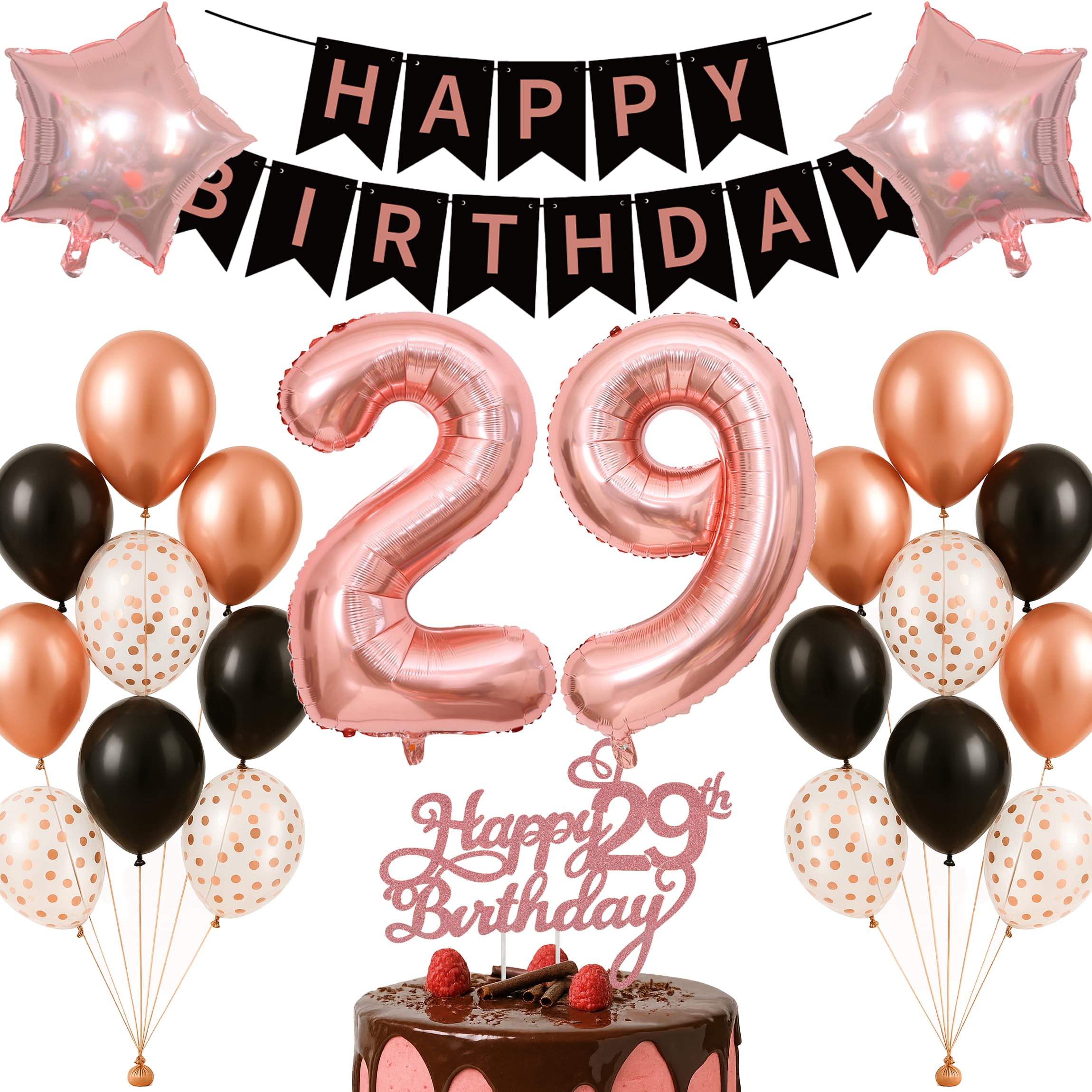 29th Birthday Decorations Set Rose Gold Black Theme Happy Birthday Banner Balloon Decor Photo Backdrop for Women Men Adults Turning 29 Age 29 Party Supplies Celebration Decor Event Bundle Bunting Set