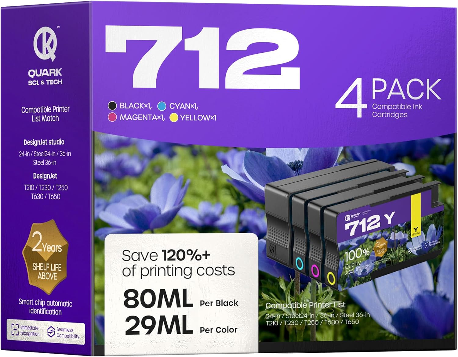 Quark 712 712XL Ink Cartridges High Yield Compatible with 712XL 712-XL Ink Cartridge for Designjet T650 T630 T230 T250 T210 Printers (4 Pack, 80-ML Black, 29-ML Cyan/Magenta/Yellow)