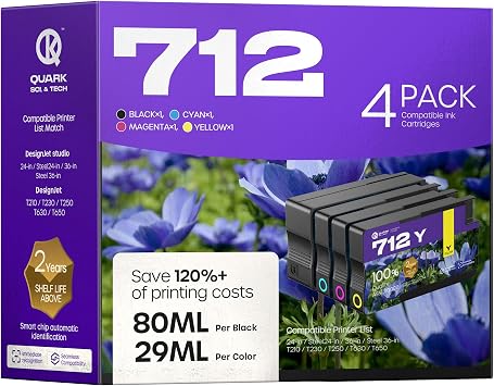 712XL 712 Ink Cartridges Compatible Replacement for HP 712 712XL 712 Ink Cartridges Combo Pack for HP DesignJet T650 T630 T230 T210 Printer 4 Pack, 80-ML Black, 29-ML Cyan/Magenta/Yellow