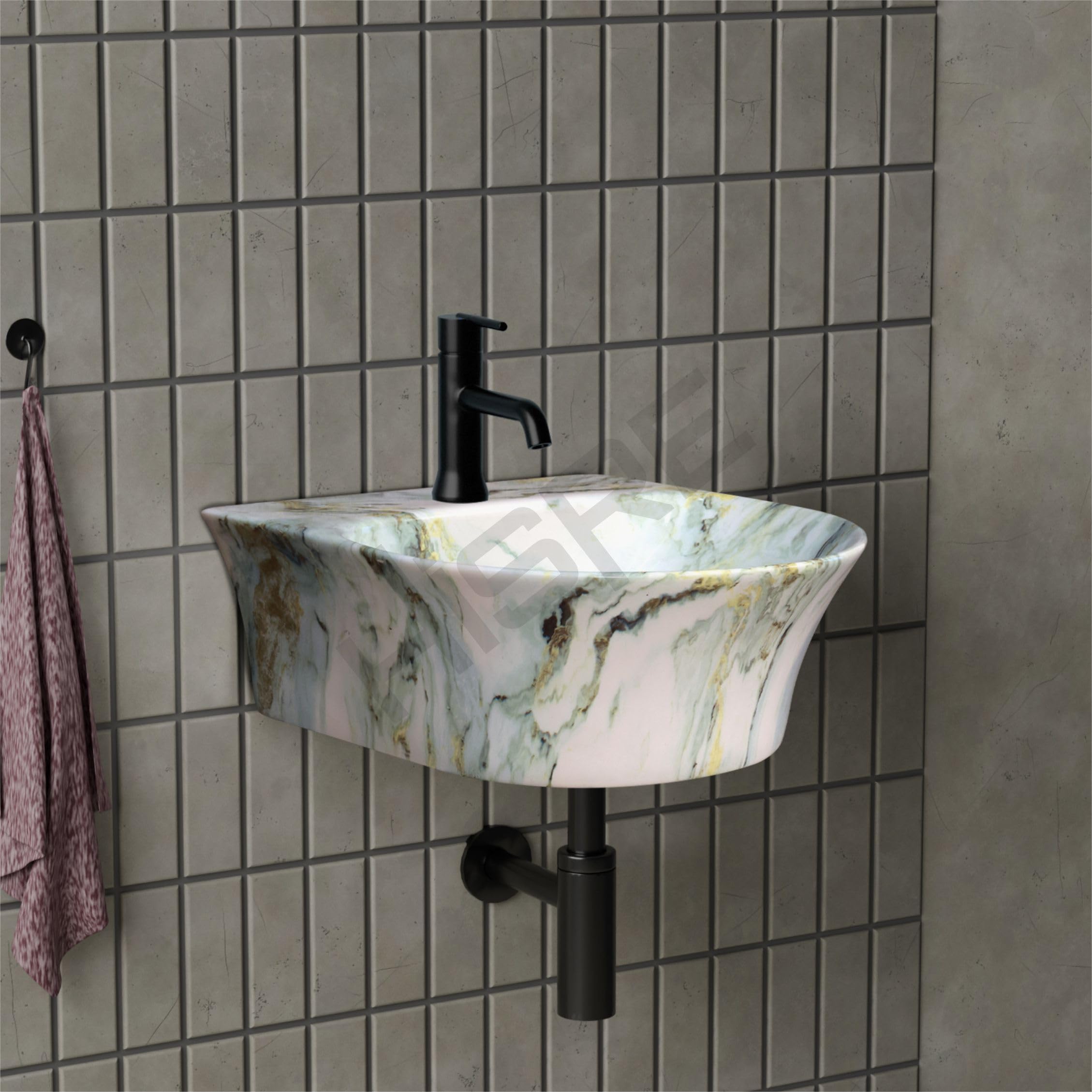 HISRE Wall Mount Wash Basin | White Ceramic Sink with Green and Golden Marble Texture | Stylish Rounded Rectangular Bathroom Basin for Modern Home & Office Décor, photo 2 of 5