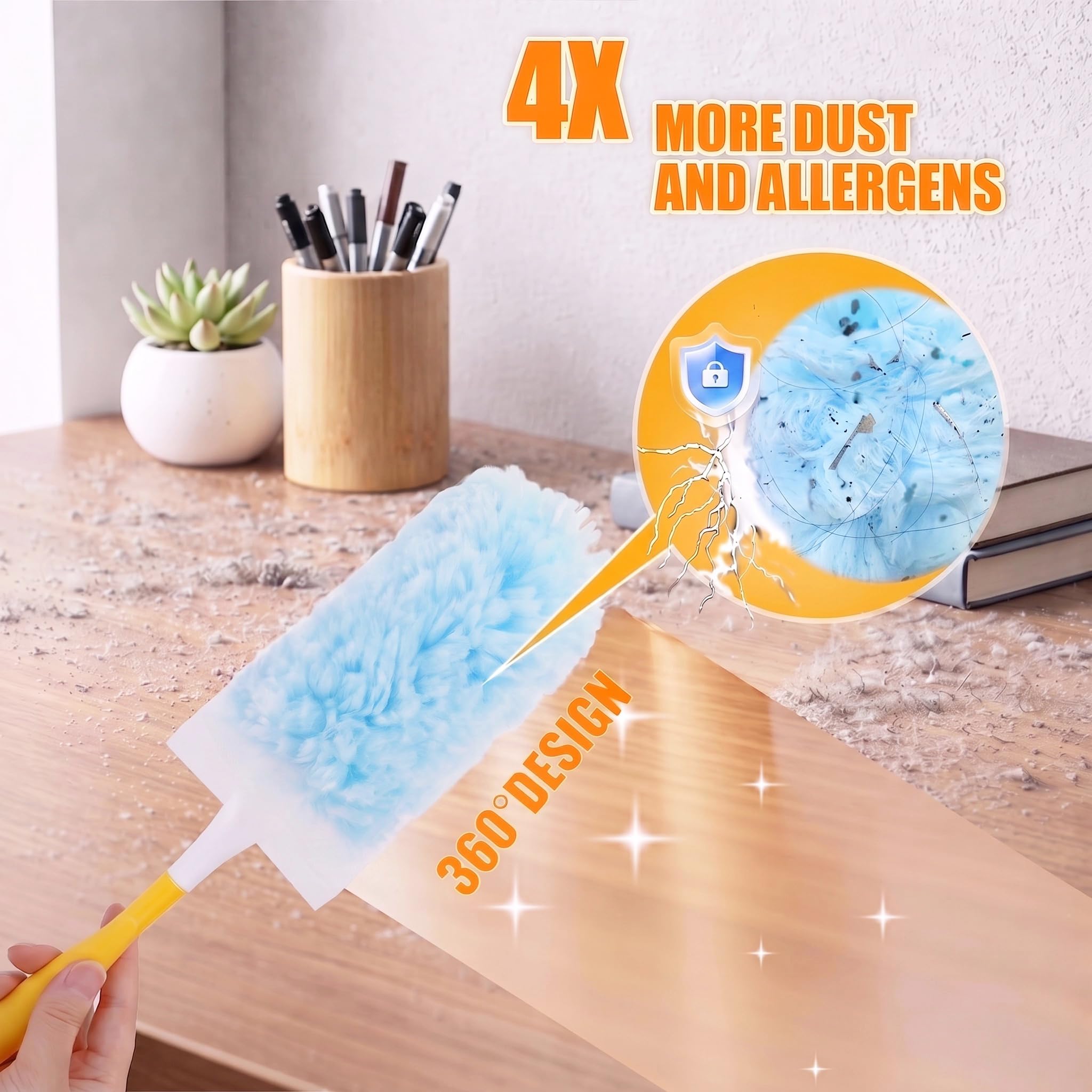Wkłady do kurzu o dużej wytrzymałości, 50 sztuk, 360, kompatybilne z Swiffer Dusters do czyszczenia domu, bezzapachowe, jednorazowe, niebieskie (50 sztuk + 3 uchwyty)