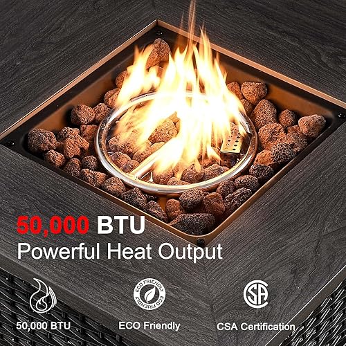 Miniatura 4 de HUMMUH Mesa cuadrada de propano de 30 pulgadas, fogata de gas al aire libre de 50,000 BTU con tapa y roca de lava, mesa de acero 2 en 1 para porche,