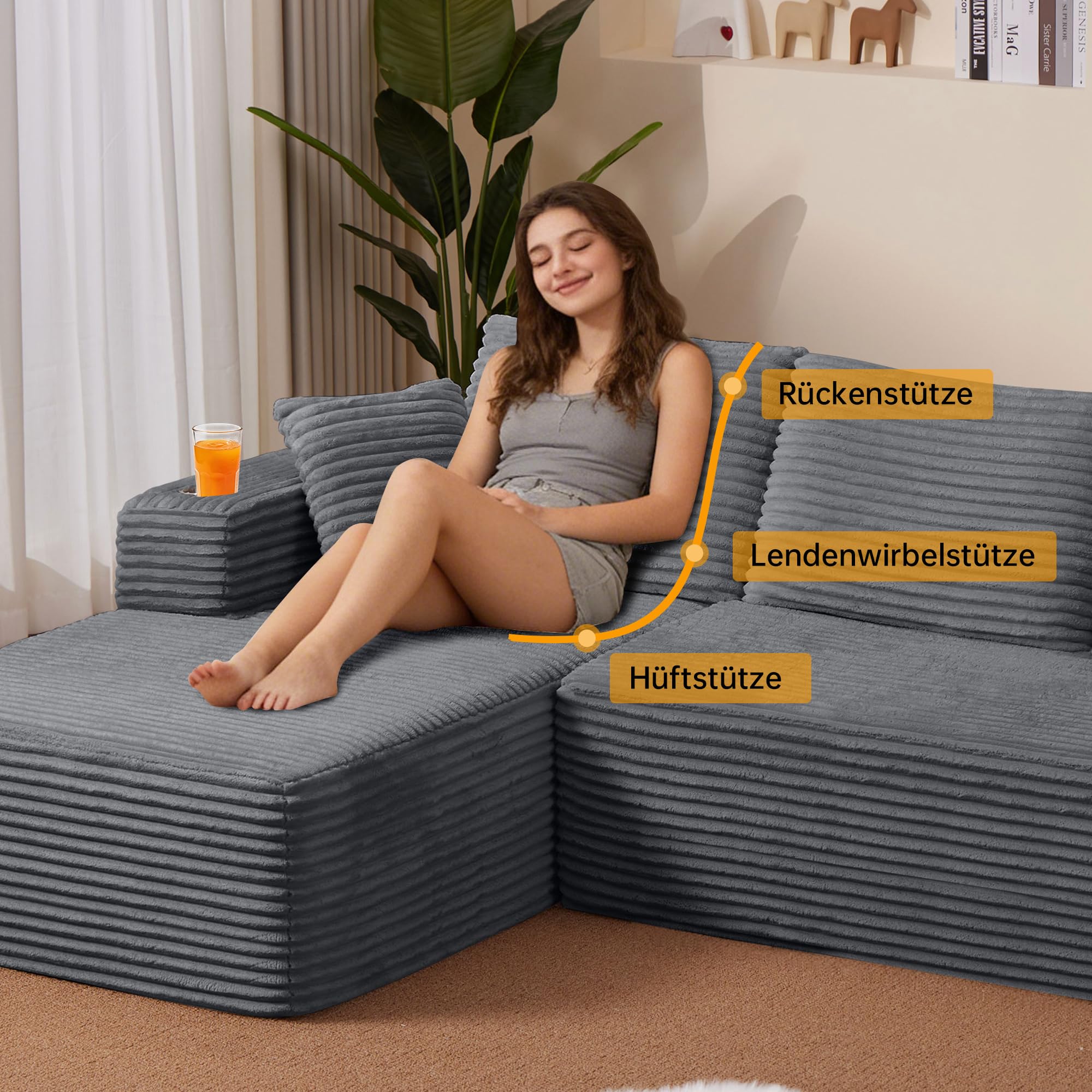 Divano Modulare a Forma di L Divano ad Angolo Divano Letto, Boneless Couch con Portabicchieri, Liberamente Componibile Divano a 3 Posti 4 Posti Sofa Soggiorno Appartamento 261x146x60cm, Grigio