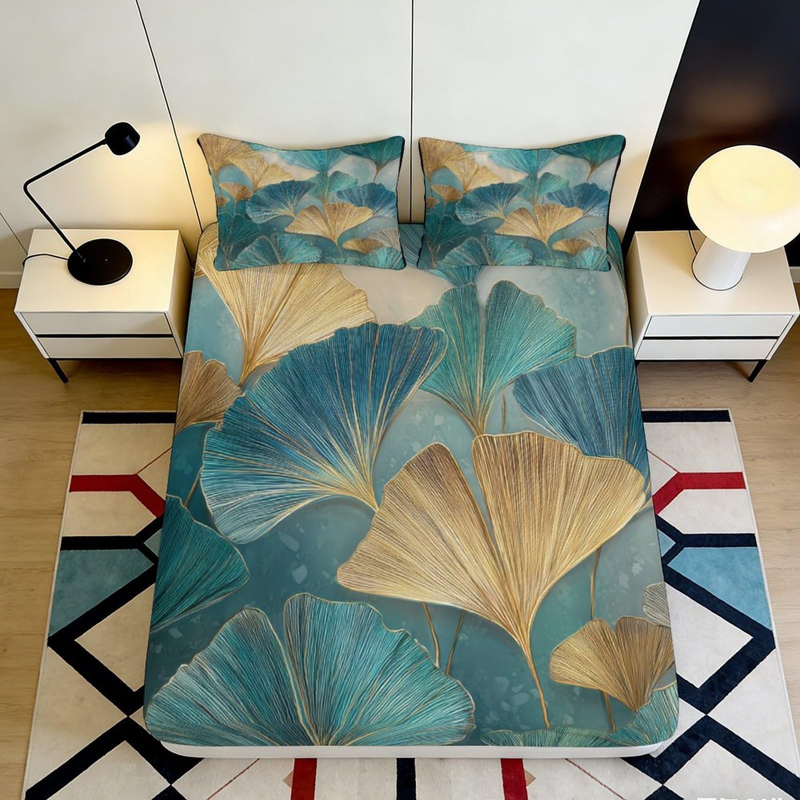 3D Printed Ginkgo Leaf Fitted Sheet Microfiber Soft Teal Gold Botanical Mattress Cover for Bedroom Decor Protection 90x200x25cm
