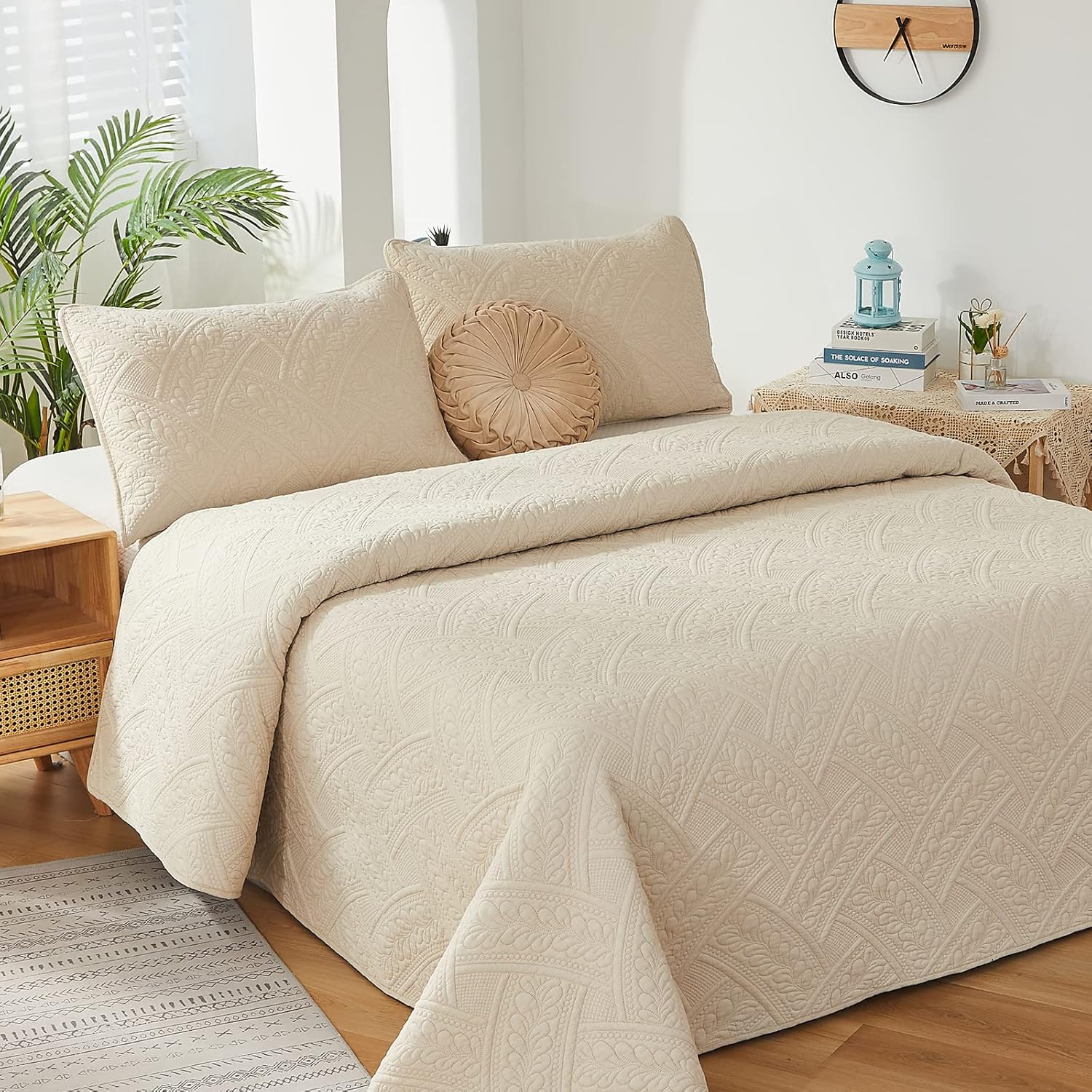 Brandream King Size Quilt Set Cotton Beige Quilts Farmhouse Matelasse Bedding Covetlet Set 3-Piece - Image 5