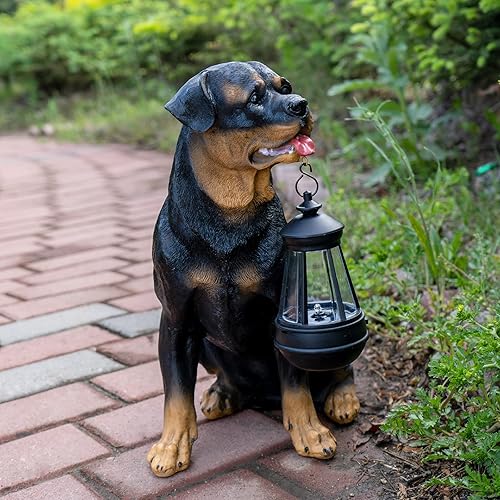 Miniatura 9 de Notakia Estatuas y esculturas de resina para perros rottweiler con luz solar LED para decoración del jardín del hogar, lámpara a prueba de viento,
