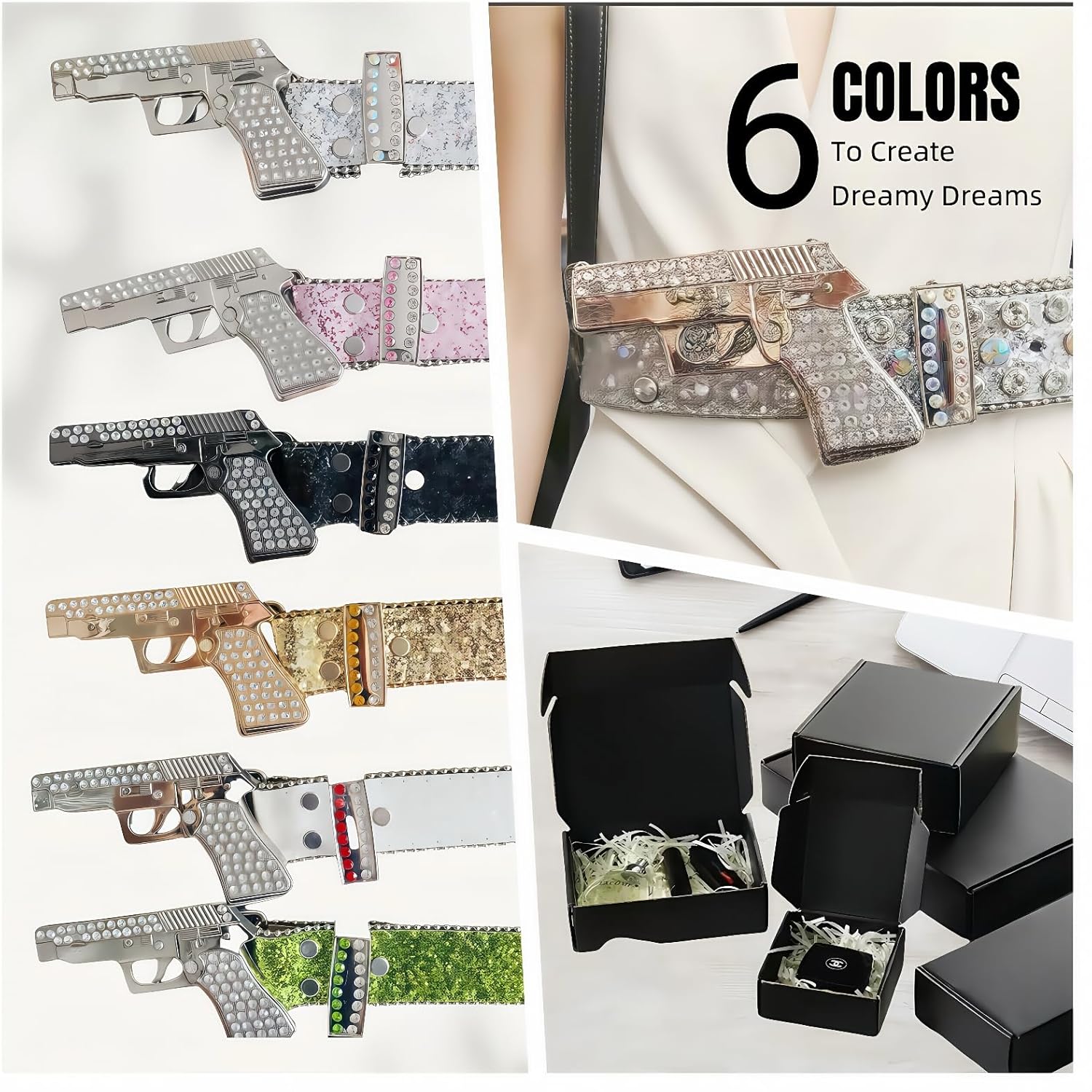 Punk Skull & Gun Buckle Belt Set for Men & Women - Rhinestone Studded Gothic Belts with Triple Rolling Buckles - Image 8