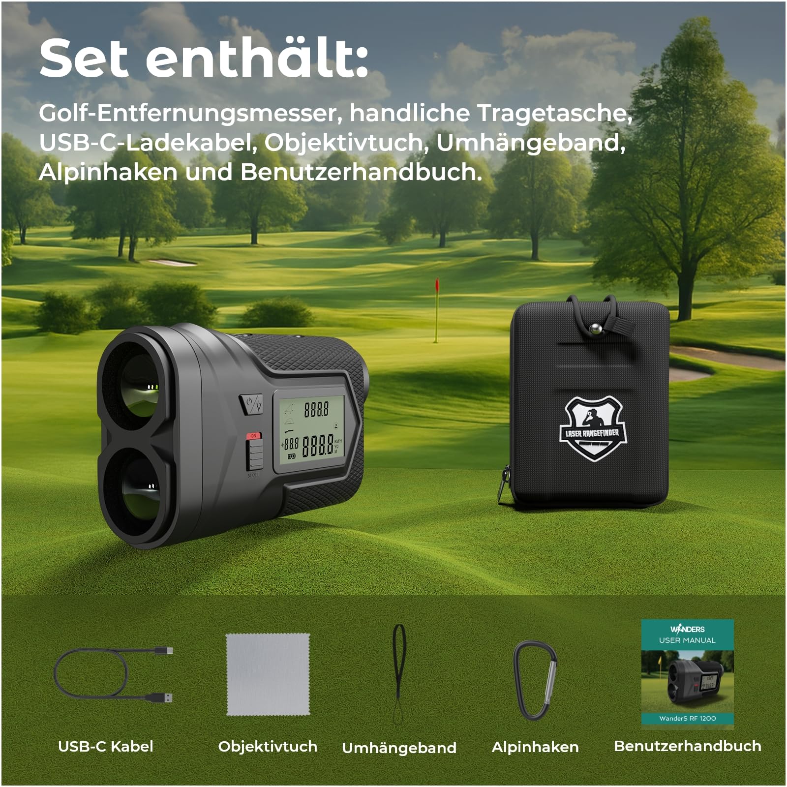 Golf Entfernungsmesser 1097M von WanderS – Laser Messgerät mit Neigungsfunktion On/Off, Flaggensperre & Vibration, 6X Zoom, Turniermodus, Seitenanzeige, USB-C Aufladung – Golfzubehör Herren