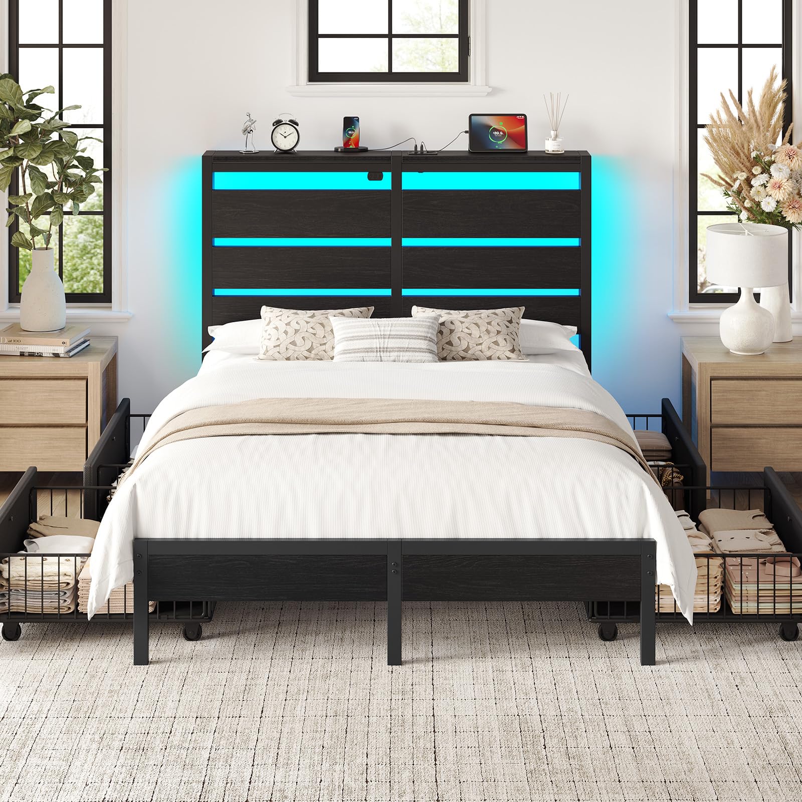 Rolanstar Queen Bed Frame with 4 Drawers, LED Lights and Charging Station, Metal Platform Bed with Storage Headboard, Noise Free, Easy Assembly, No