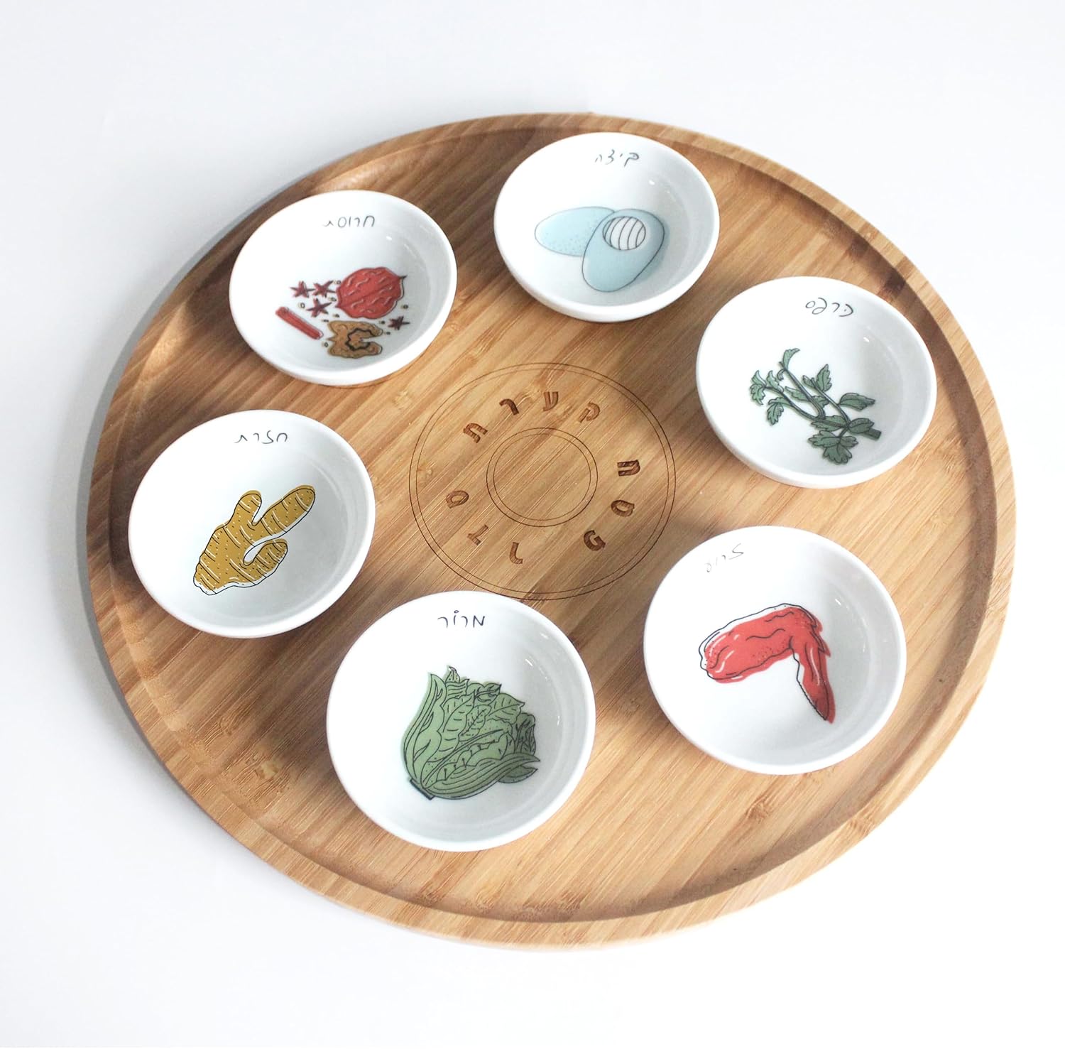 13” Hand Made Large Passover Seder Plate with 6 Colorful Ceramic Bowls, Bamboo Passover Sedar Plate Set, Giftable Packaging, Jewish Holiday and Traditional Table Decorations Gift