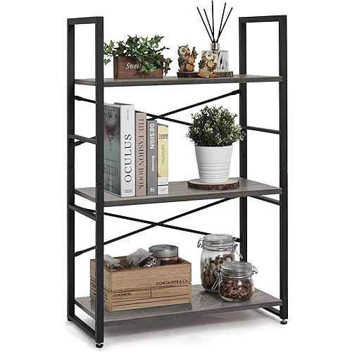 CAPHAUS 3 Tier Small Bookshelf, 24 Inch Width Free Standing Shelf, Bookcase Shelf Storage Organizer, Industrial Book Shelves for Home Office, Living Room, Dark Grey Shelves & Metal Frame