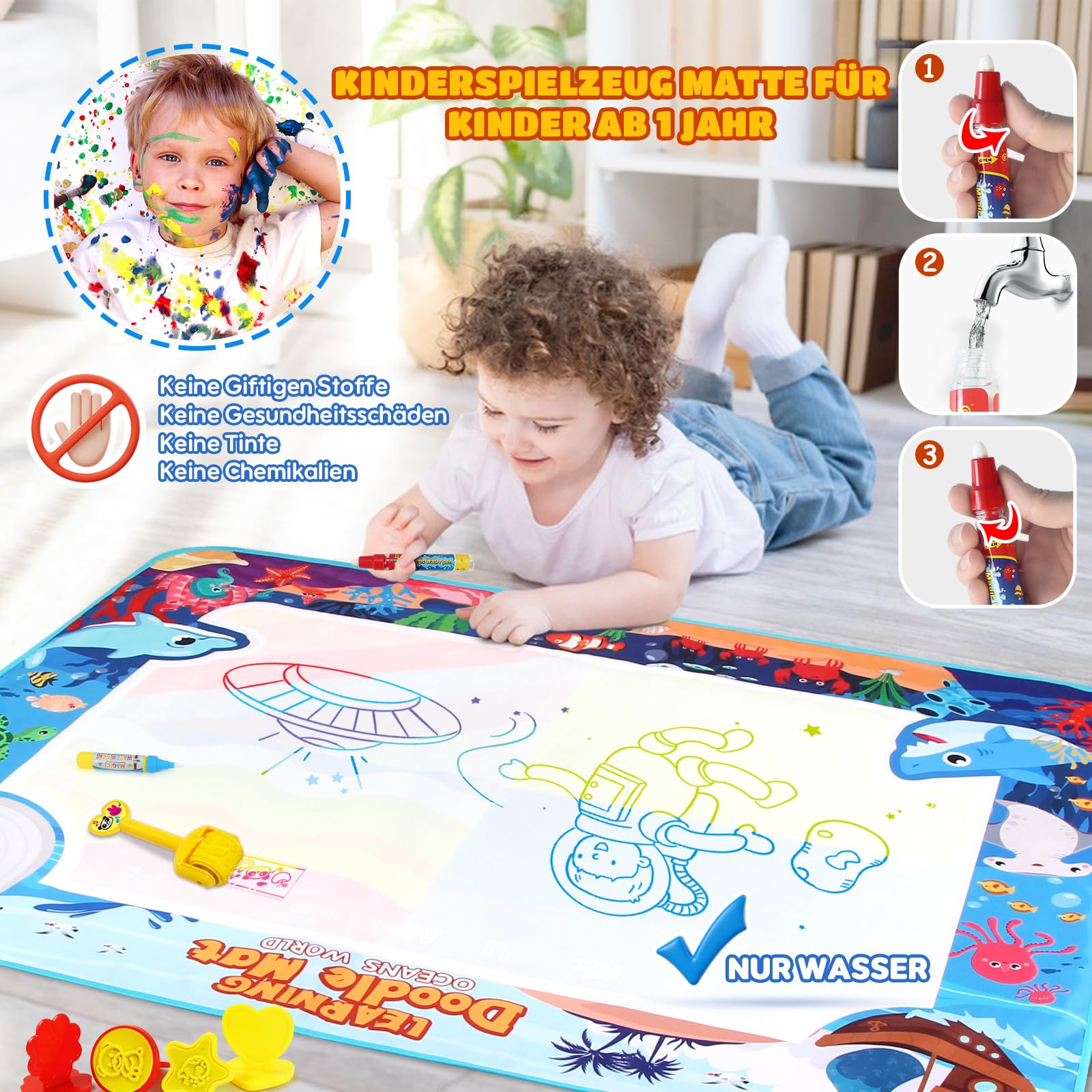 chellago Tappeto Magico 120x90cm, con Accessori, Giochi Educativi Interattivi per Bambini dai 2-6 Anni, Riutilizzabile, Nessun Inchiostro, Nessun Disordine
