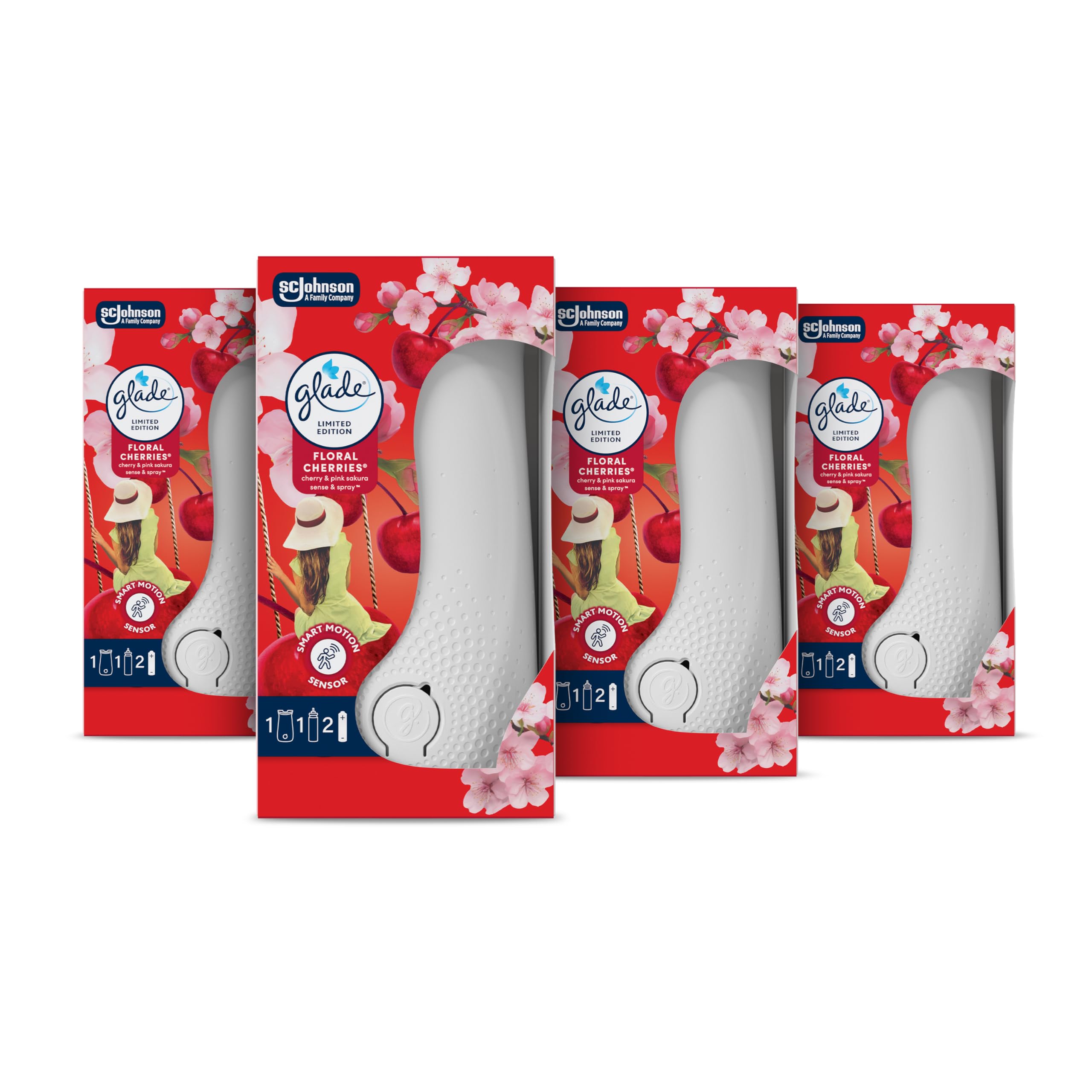 Glade Sense & Spray Air Freshener Holders and Refill, Motion Activated Automatic Odour Eliminator for Home, Floral Cherries, Pack of 4, (4 x Holder and 4 x 18 ml Refill), Packaging May Vary