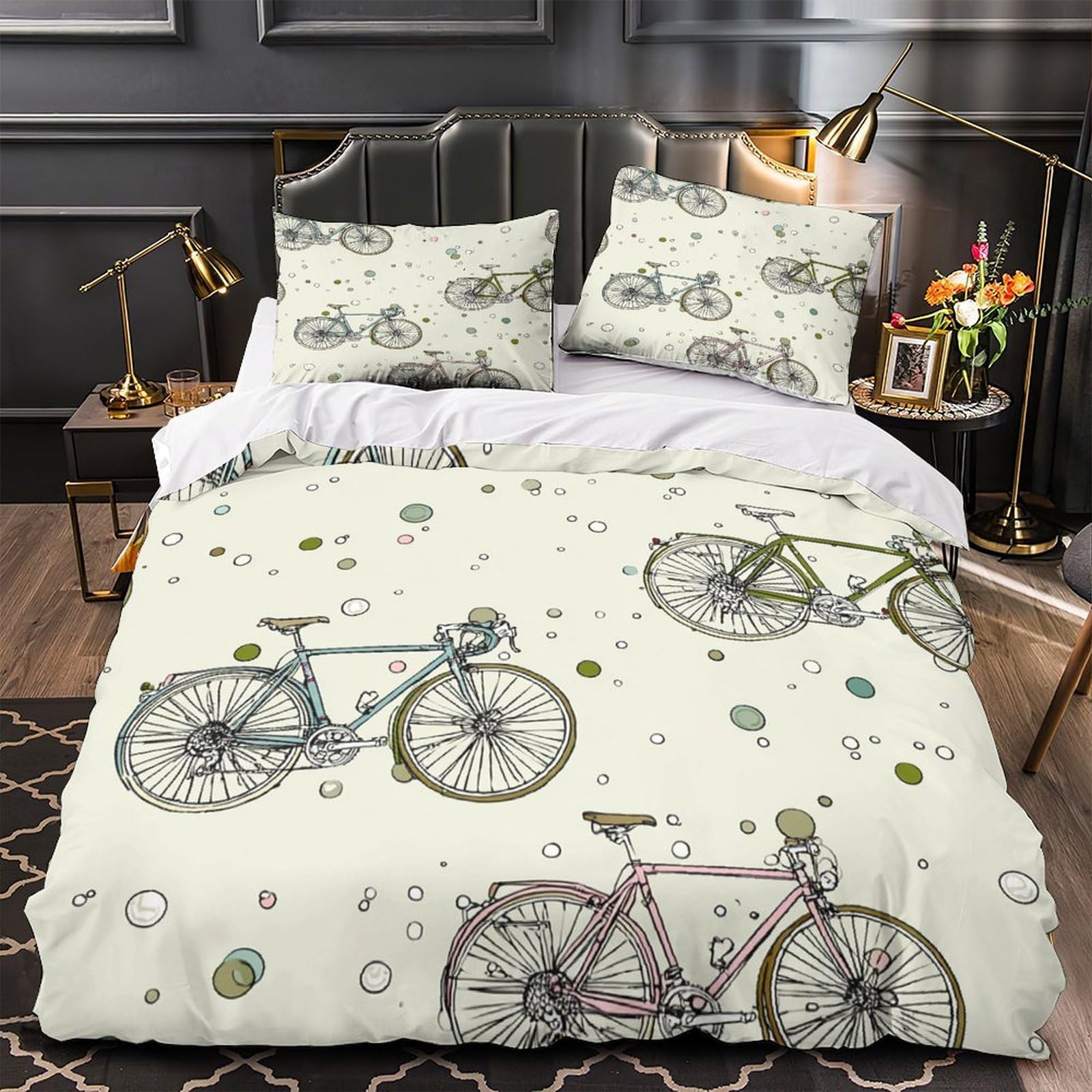 Housse de couette 3 pièces motif vélo 3D imprimé microfibre drap vintage hypoallergénique 260x220