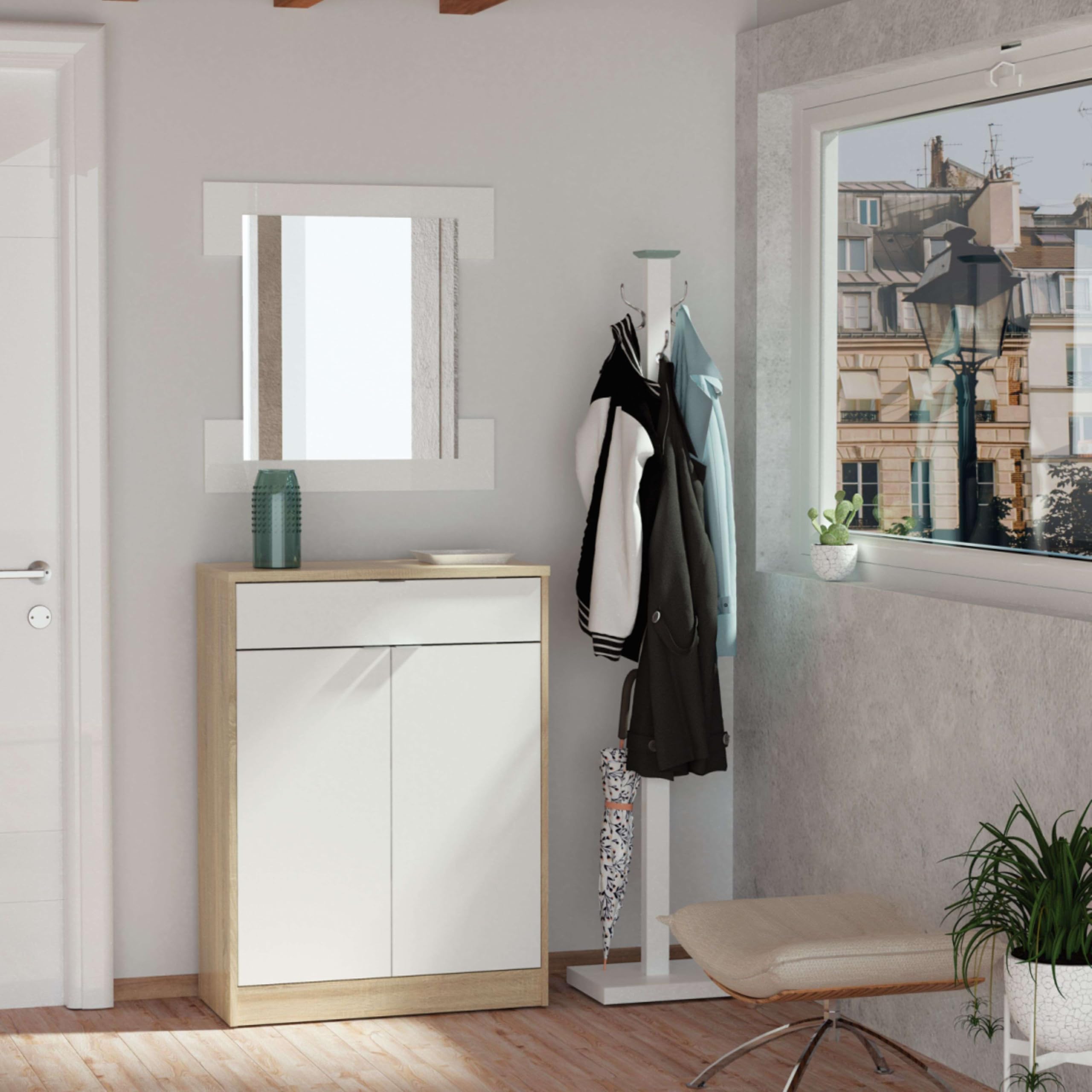 MUEBLES PITARCH | Recibidor Zapatero Mueble Auxiliar de Entrada con cajón y 4 estantes Regulables, Blanco Alto Brillo y Roble Cambrian, 20 Pares de Zapatos, 101x75x36cm, Modelo Berlín