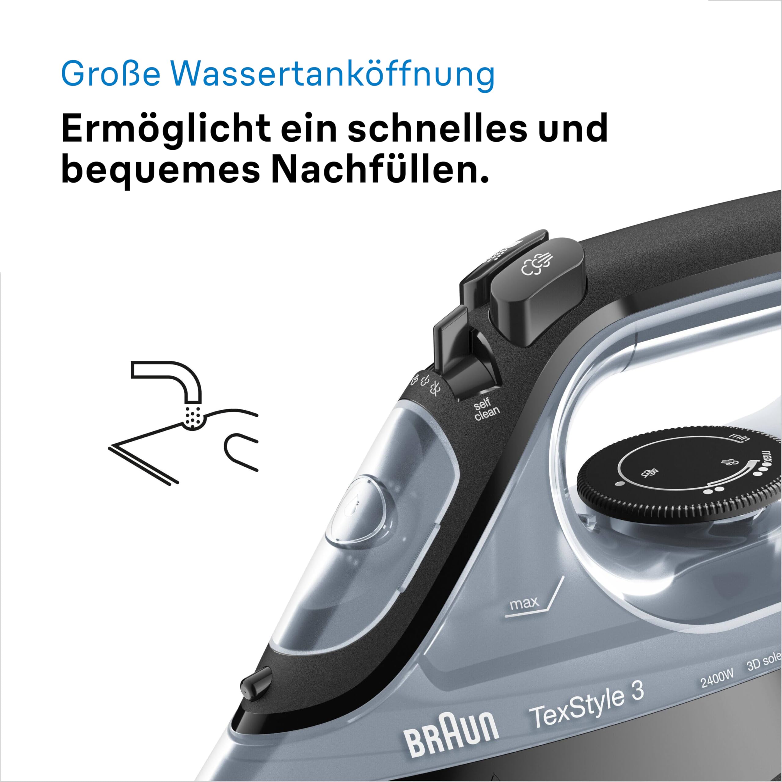 Braun Dampfbügeleisen TexStyle 3 SI3055BK, FreeGlide 3D-Technologie, Bügelsohle mit Keramikbeschichtung, automatische Abschaltung, kurze Aufheizzeit, einfache Nachfüllung (220 ml), 2400 W, Schwarz