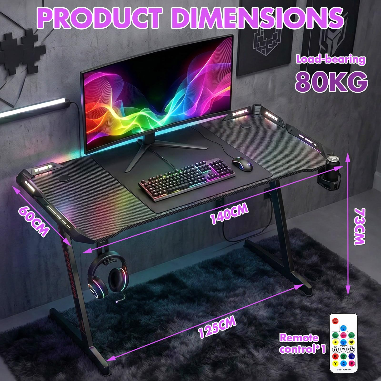 Verdego Tavolo da gaming con illuminazione a LED, scrivania da gaming, 140