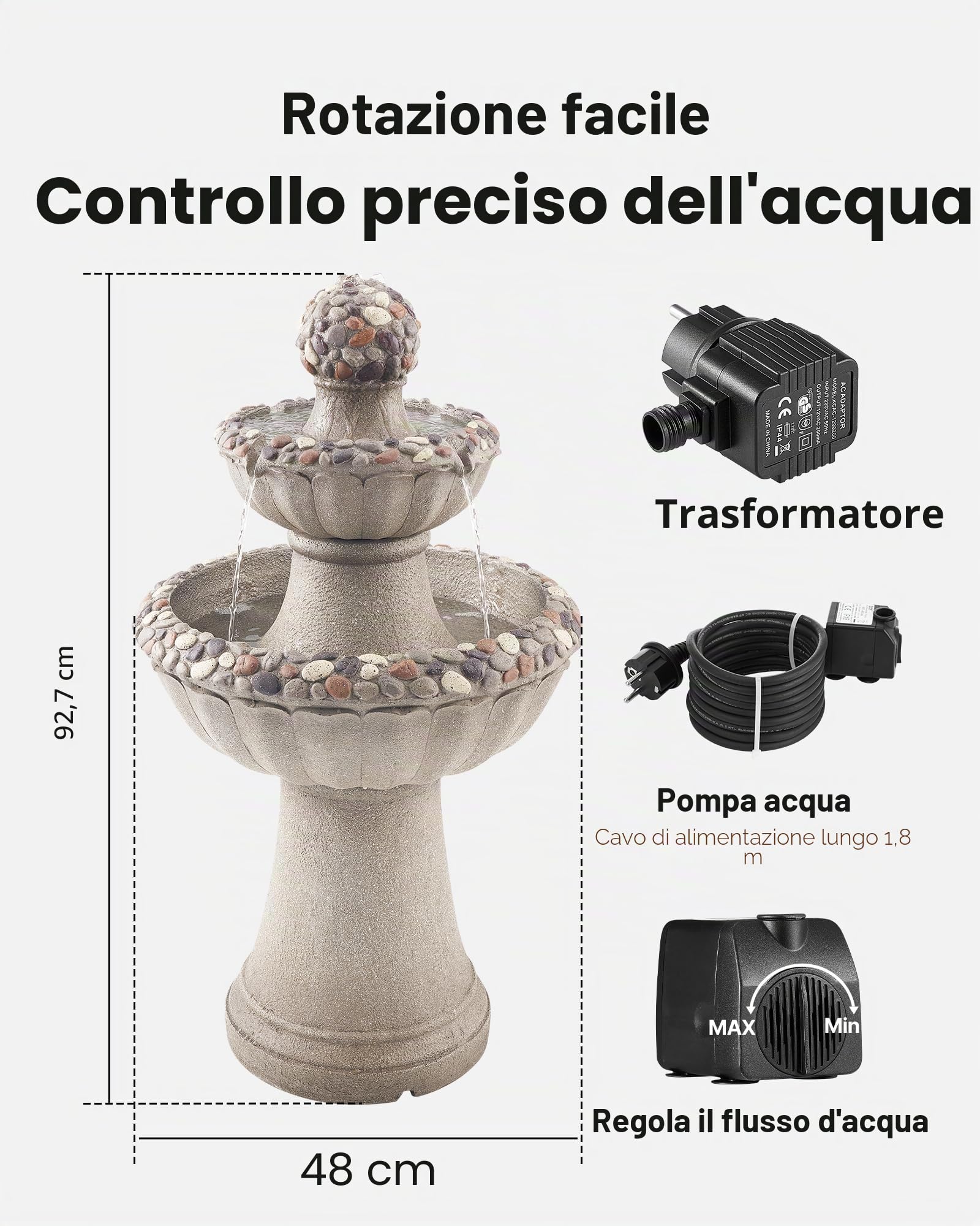 VEVOR Fontana da Esterno, Fontana e Cascata da 480 x 480 x 927 mm, Fontane in Fibra di Vetro e Resina a 2 Livelli con Base in Roccia da Pavimento e Pompa, per Esterni, Interni, Giardino, Casa