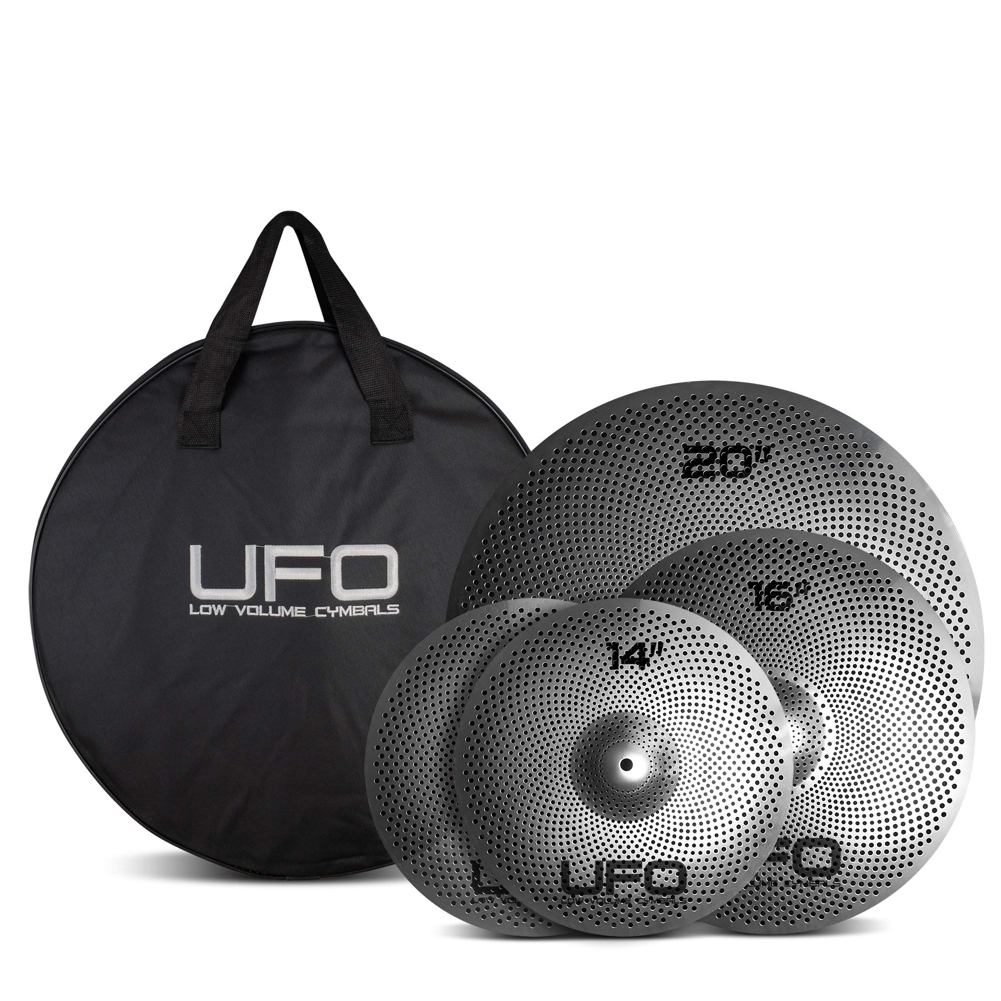 UFO Lot de cymbales à faible volume | Cymbales d'entraînement à faible volume de 35,6 cm, 40,6 cm, 50,8 cm | Sac de cymbale grat