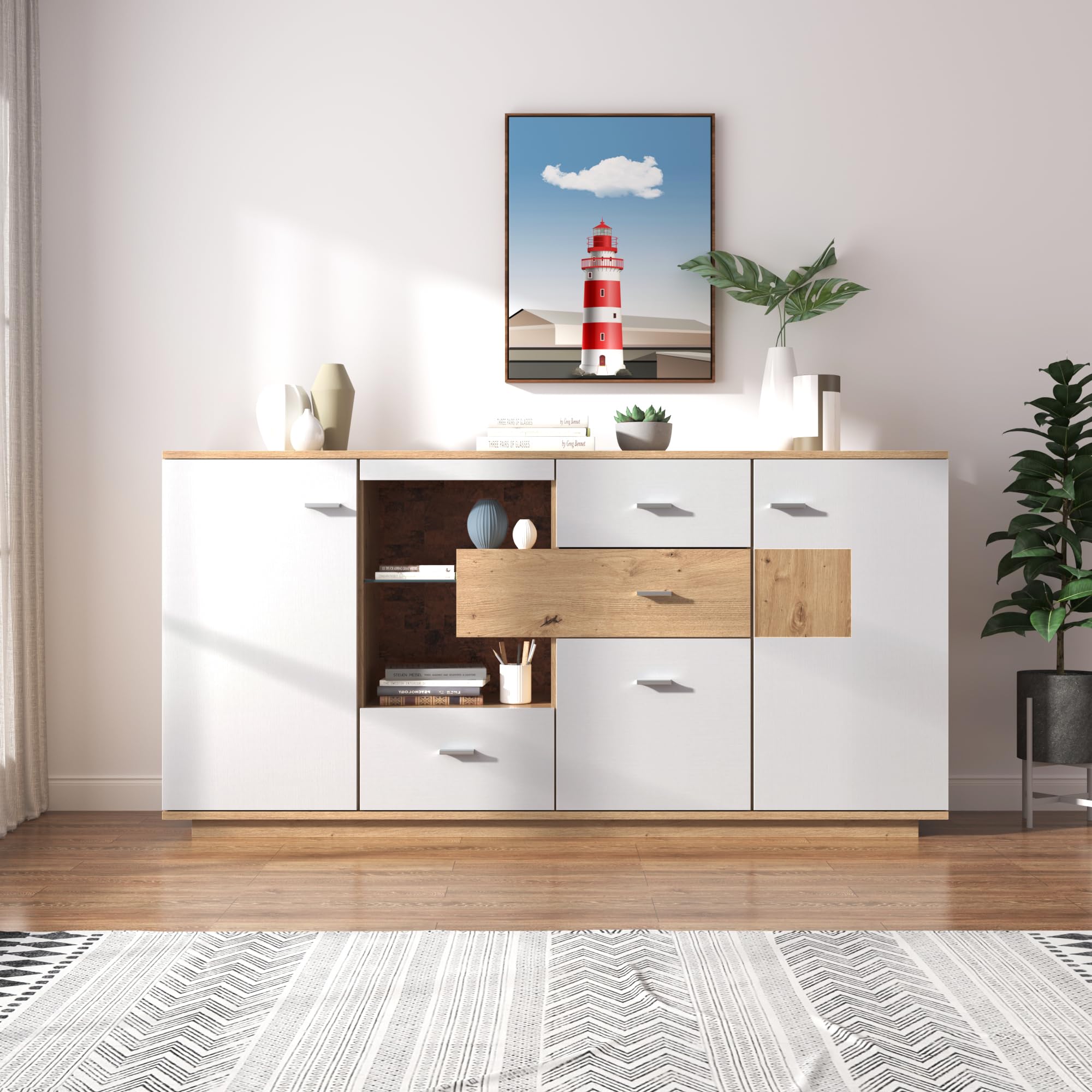 Rtopsu Mobile Contenitore Credenza con LED, Madia Mobile da Cucina con 2 Ante e 4 Cassetti, Mobile Dispensa Cucina Buffet da Cucina per Soggiorno Cucina Sala da Pranzo, 160x40x77 cm, Bianco & Natur
