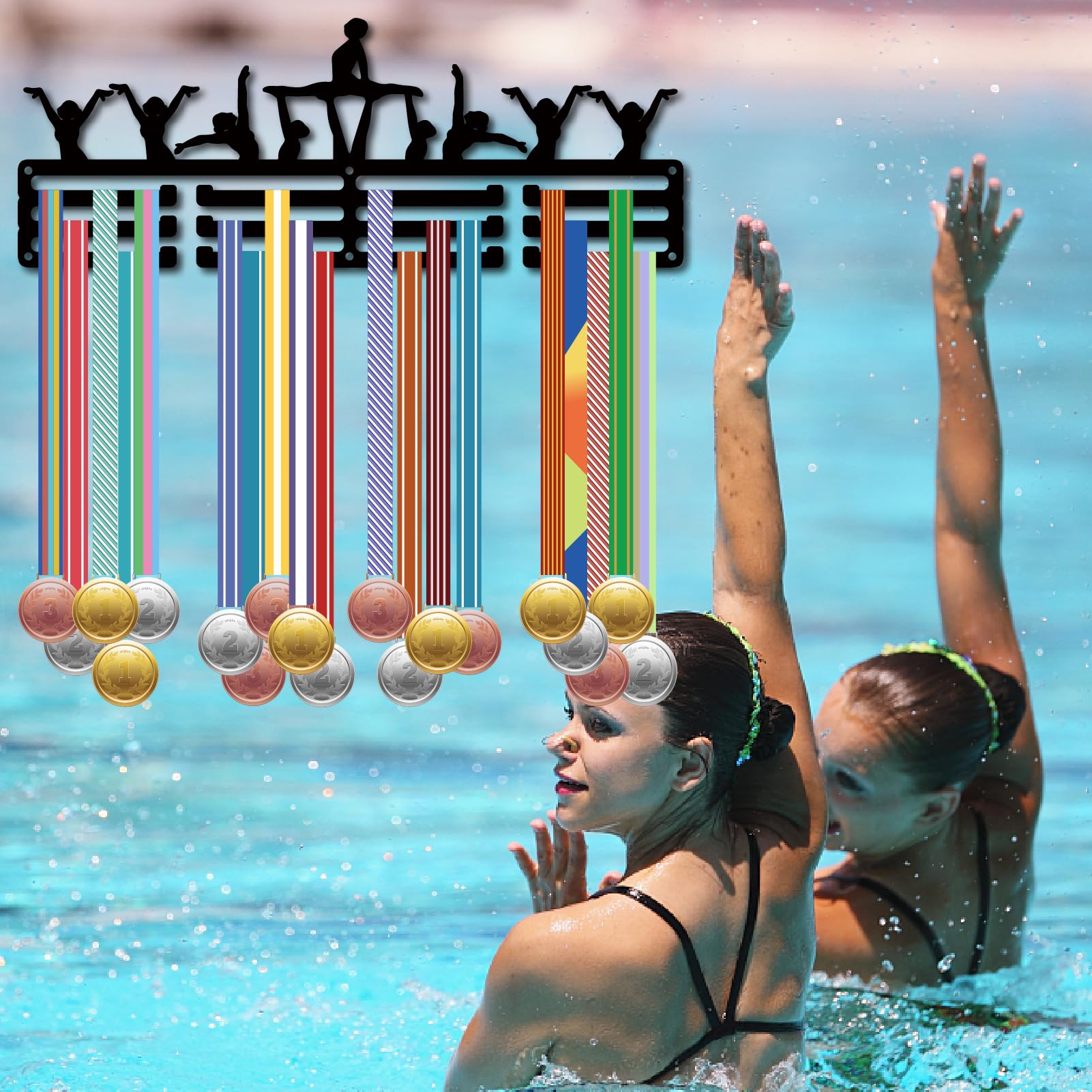 CREATCABIN Soporte para Medallas de Natación Sincronizada, Colgador de Pared de Hierro, 3 Líneas con Ganchos
