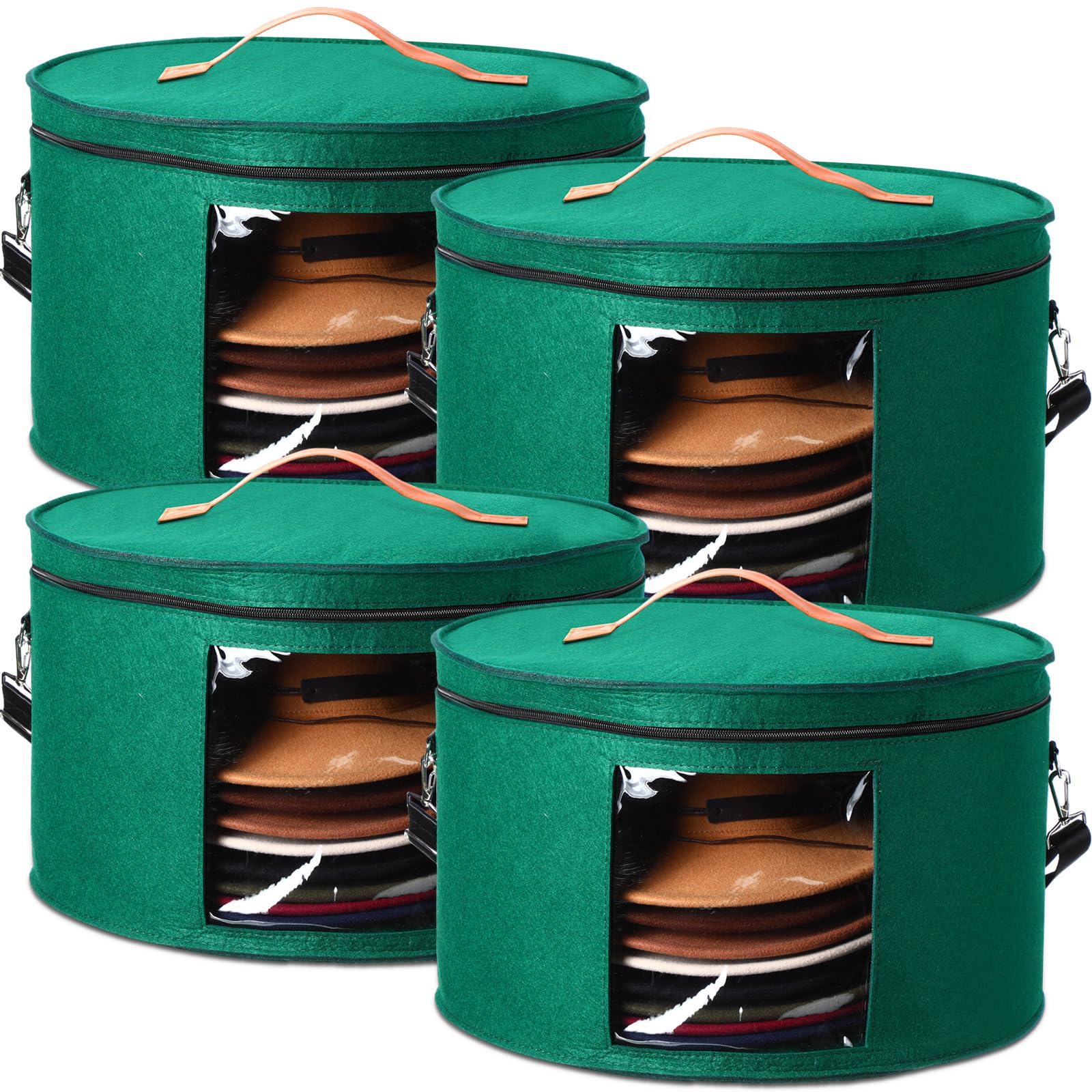 Suzile 4 Pack Large Round Foldable Hat Box for Women Storage Holds up to 6-10 Hats Cowboy Hat Box with Lid Handles Closet Cowboy Case Organizer Clothes Case for Travel Gift(Green,Felt)
