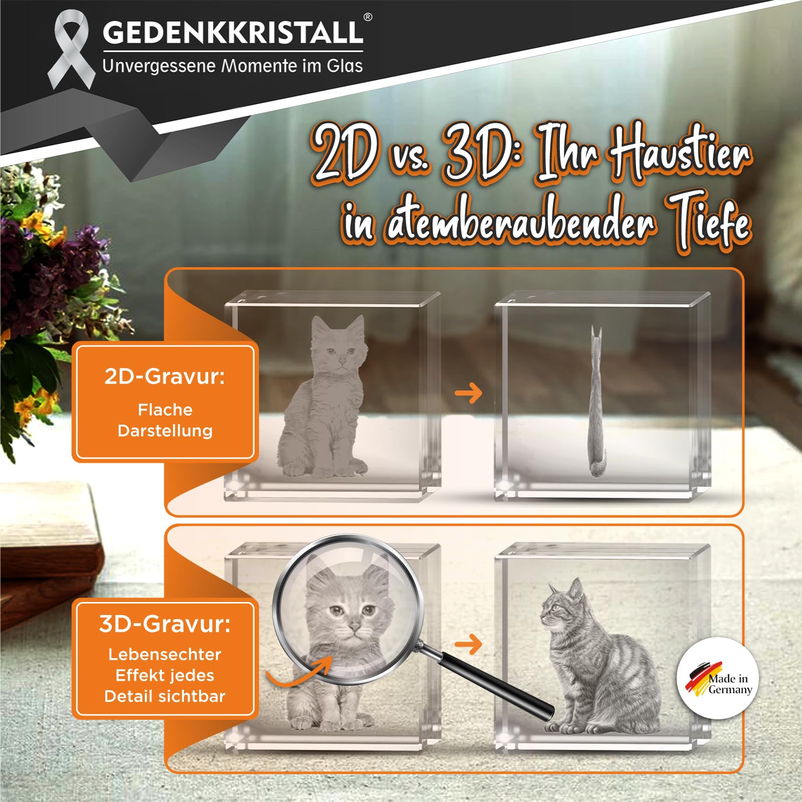 3D Foto Glasblock Katze - Personalisiertes Gedenkglas für Haustiere mit Wunschtext Gravur, Abschied nehmen Tiere Hund, Pferd, Hochwertige Lasergravur in Kristallglas Denkmal
