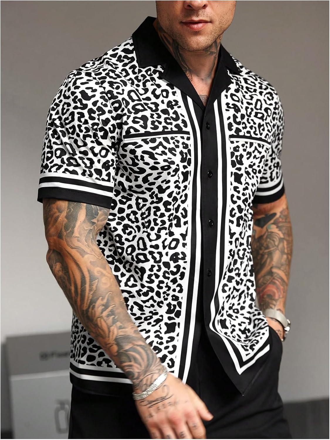 SHENHE Men's Button Down Short Sleeve Leopard Print Shirt Lapel Collar Casual Top - Image 2