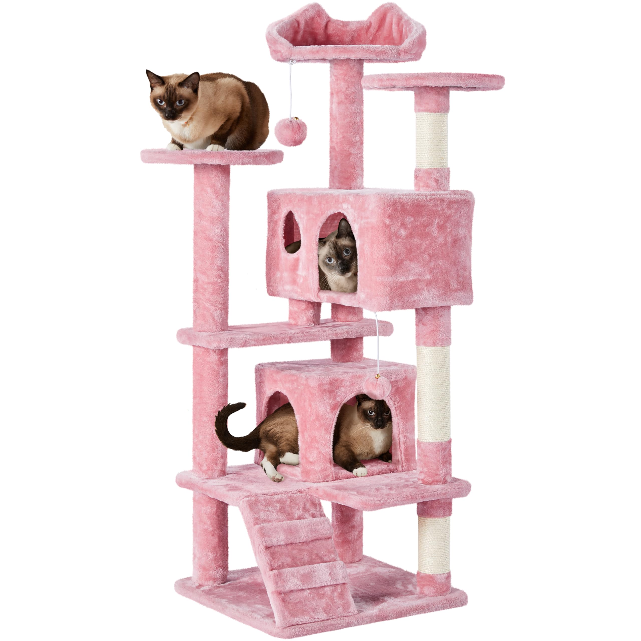 Yaheetech Árbol Rascador para Gatos 139cm con 3 Plataformas 2 Nidos 2 Pompones Torre de Escalador con Postes en Sisal Ideal para 3-4 Gatos Gris Oscuro — view 17