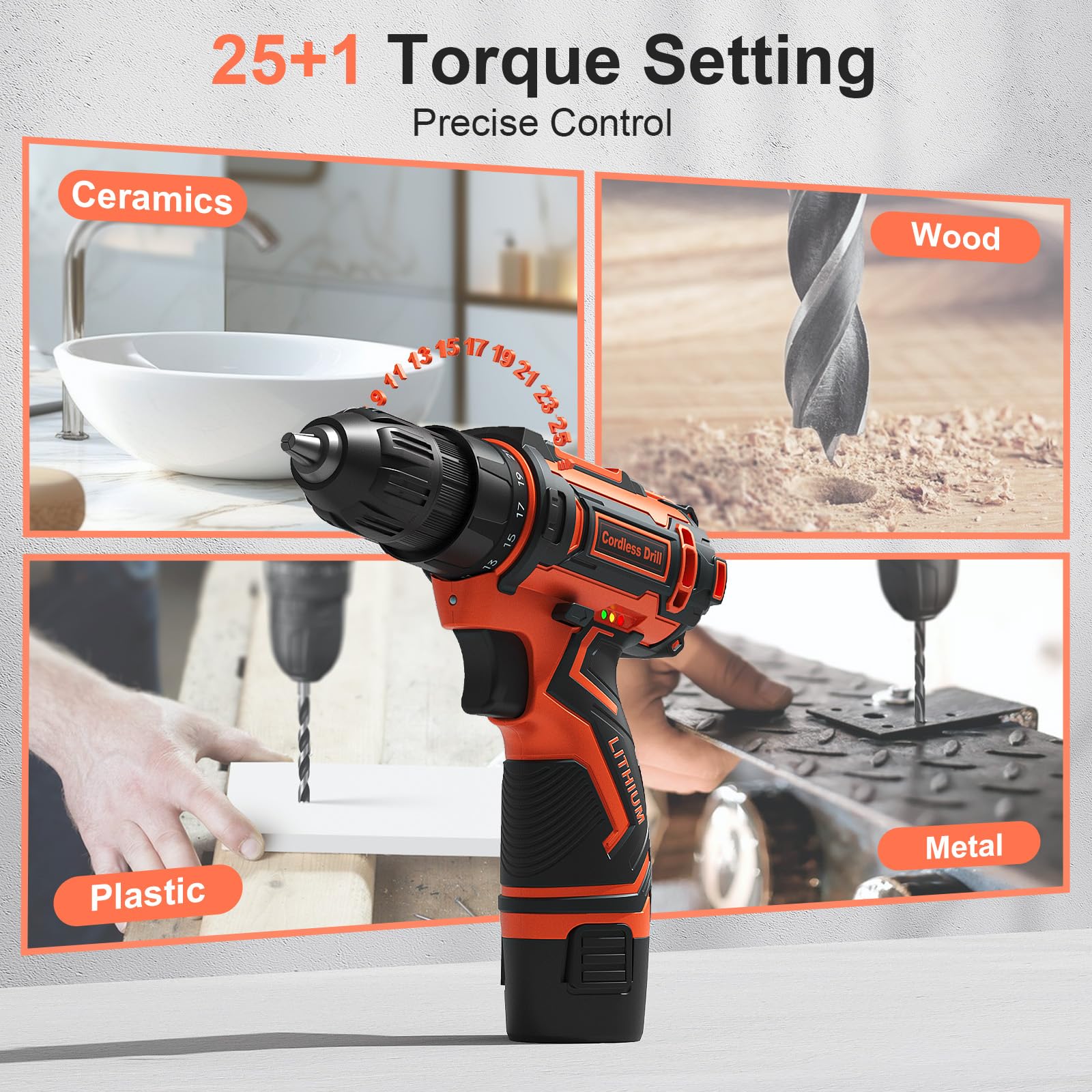 Set di trapano senza fili, 12 V, mandrino autoserrante da 3/8", con 92 accessori, luce LED integrata, 25+1 posizione, trapano elettrico per progetti fai da te domestici (arancione)
