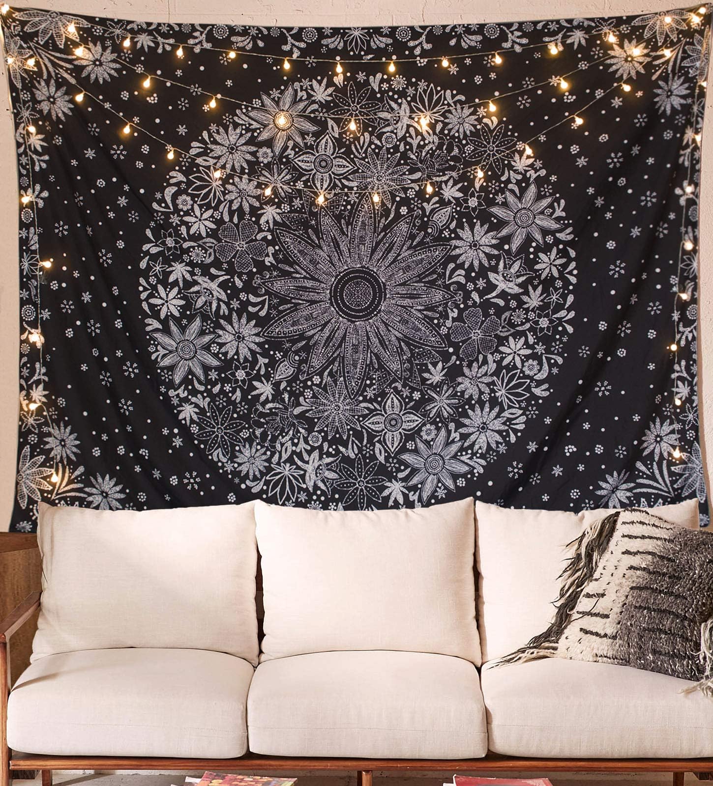 Neasow Bohemian Tapestry Wall Hanging, Black and White Floral Tapestry with Dotted Daisy Medallion Print Bedroom Boho Hippie Home Decor, 50x60 inches