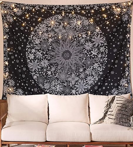 Neasow Tapiz bohemio para colgar en la pared, tapiz floral blanco y negro con estampado de medallones de margaritas punteadas, para dormitorio,