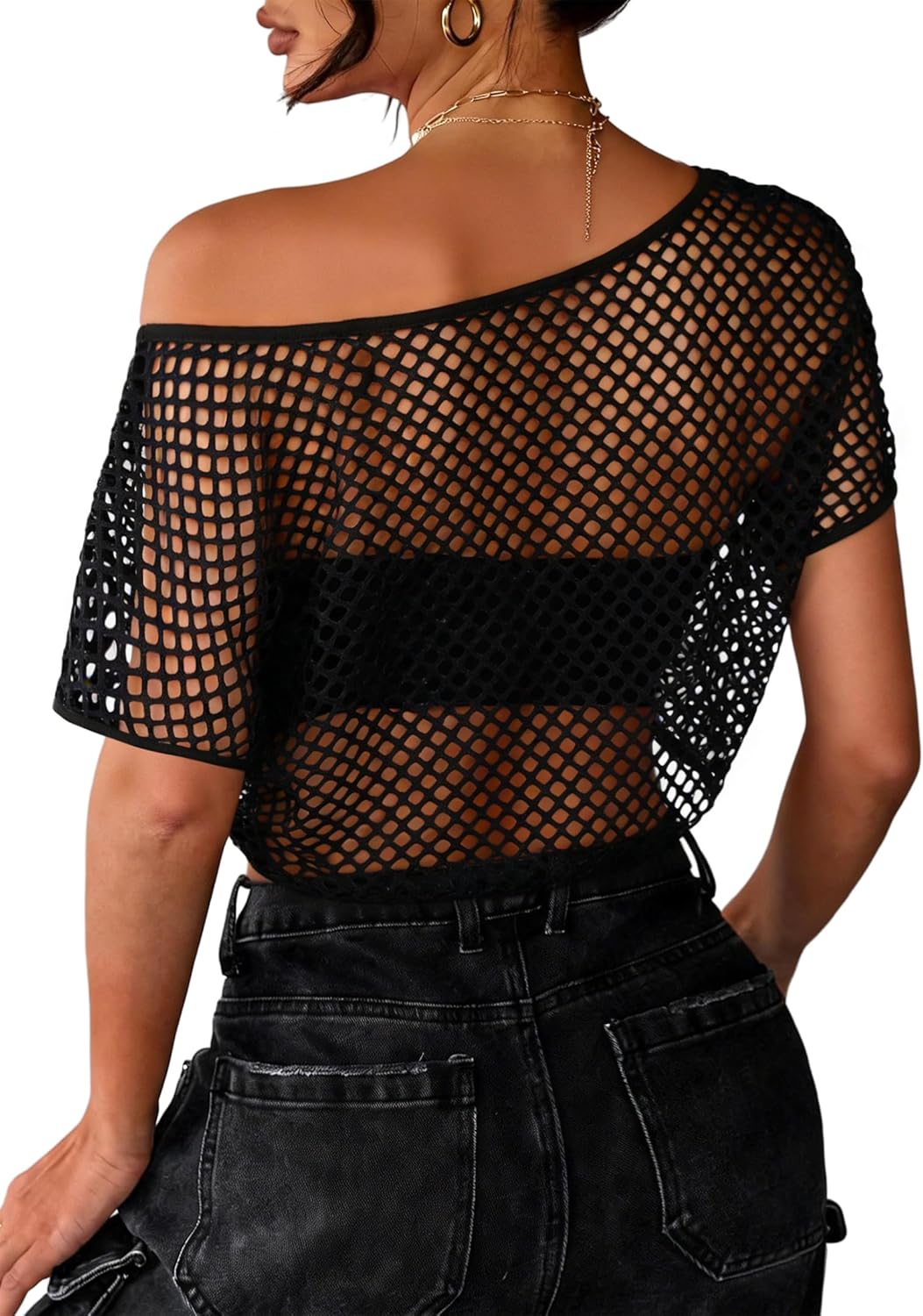 LilyCoco Women Mesh Fishnet Top Cover Up Short Sleeve Off The Shoulder Crop Tops - Image 2