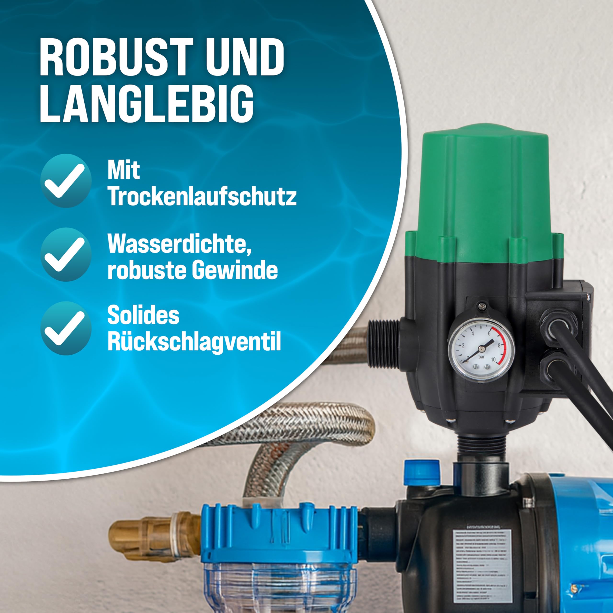 MONZANA® Pumpensteuerung Trockenlaufschutz 10 bar Druckschalter Hauswasserwerk Pumpendruckregler Pumpenschalter Druckwächter Baranzeige mit Kabel