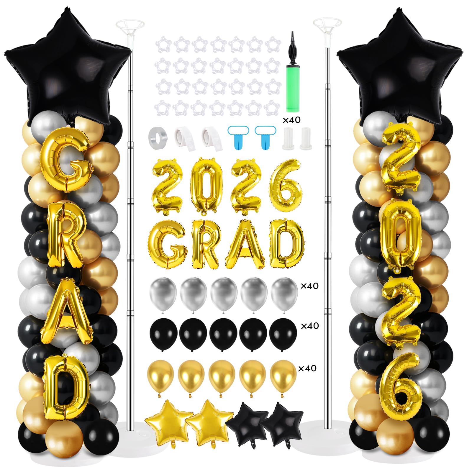 Photo 1 of 2 Sets Graduation Balloon Column Stand Kits with Balloons 2026 Grad Themed Decoration Navy Blue Balloon Tower Stand Kit for Grad High School & College Celebration Party Decor (Black Gold, 2)