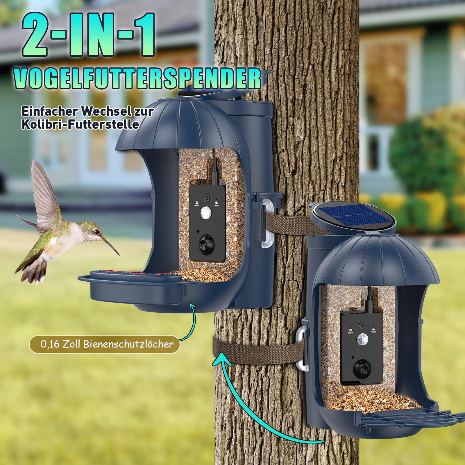 Vogelhaus mit Kamera, Nistkasten mit Kamera für Garten, Futterstationen für Wildvögel Solarpanel and Batterie Dual Power | 1080P HD Automatische Video/Fotoaufnahme | 32GB SD, Smart Bird Feeder (Blue)