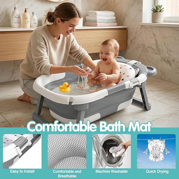 Highbird Foldable Baby Bathtub, Portable Folding Baby Bathtub for Newborn and Travel, with Bath Pillow Included, Comfortable, Safe, Non-Slip – Grey - 3