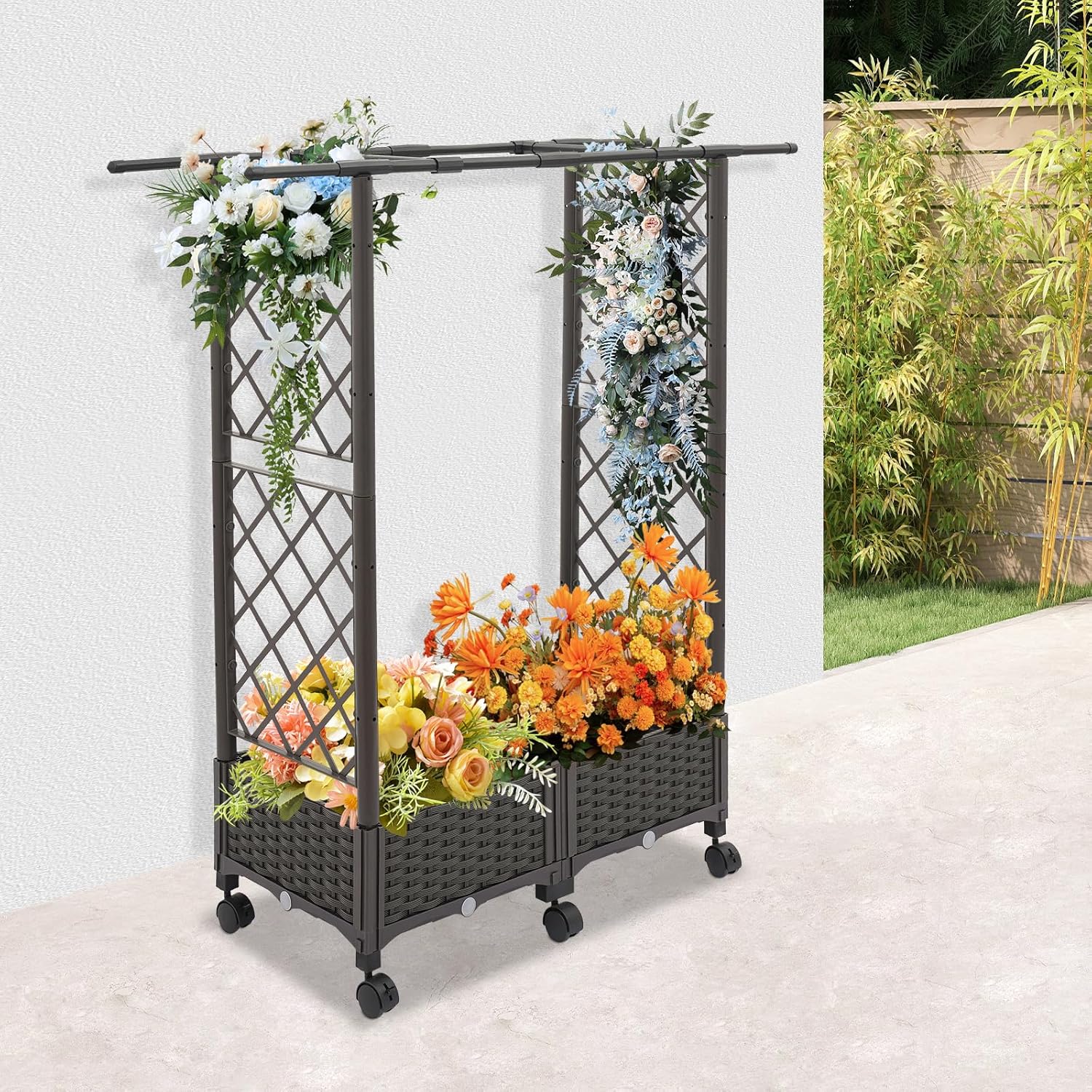Raised Garden Bed with Trellis and Wheels, 51"x31.5"x15.8" Planter Garden Box for Climbing Plants, Vegetables, Features Drainage Holes, for Backyard Balcony Patio