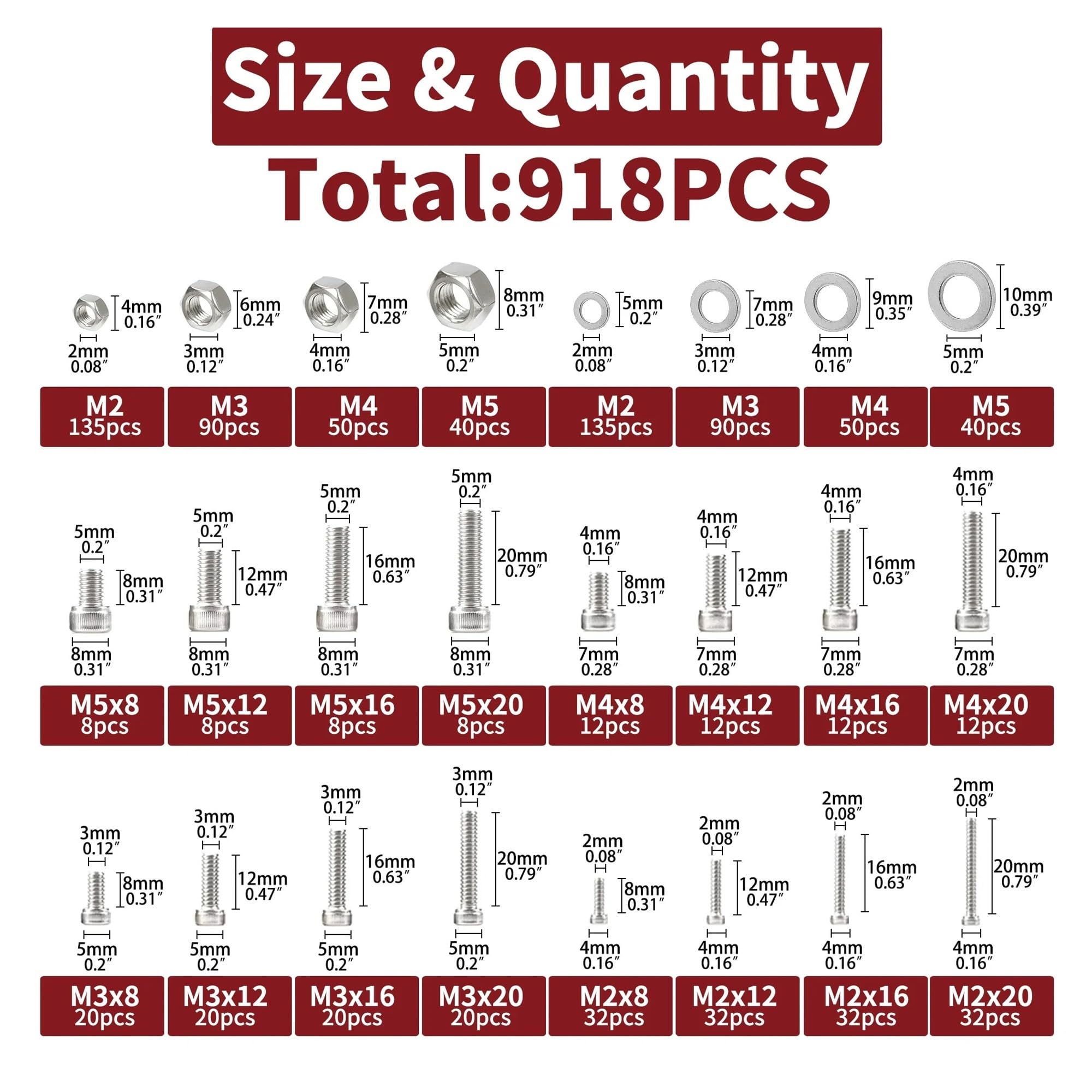 Kit Assortimento Di Dadi E Bulloni Da 918 Pezzi: Bulloni, Dadi, Rondelle Piatte In Acciaio Inossidabile 304 A Testa Esagonale M2, M3, M4, M5 E Altro Ancora