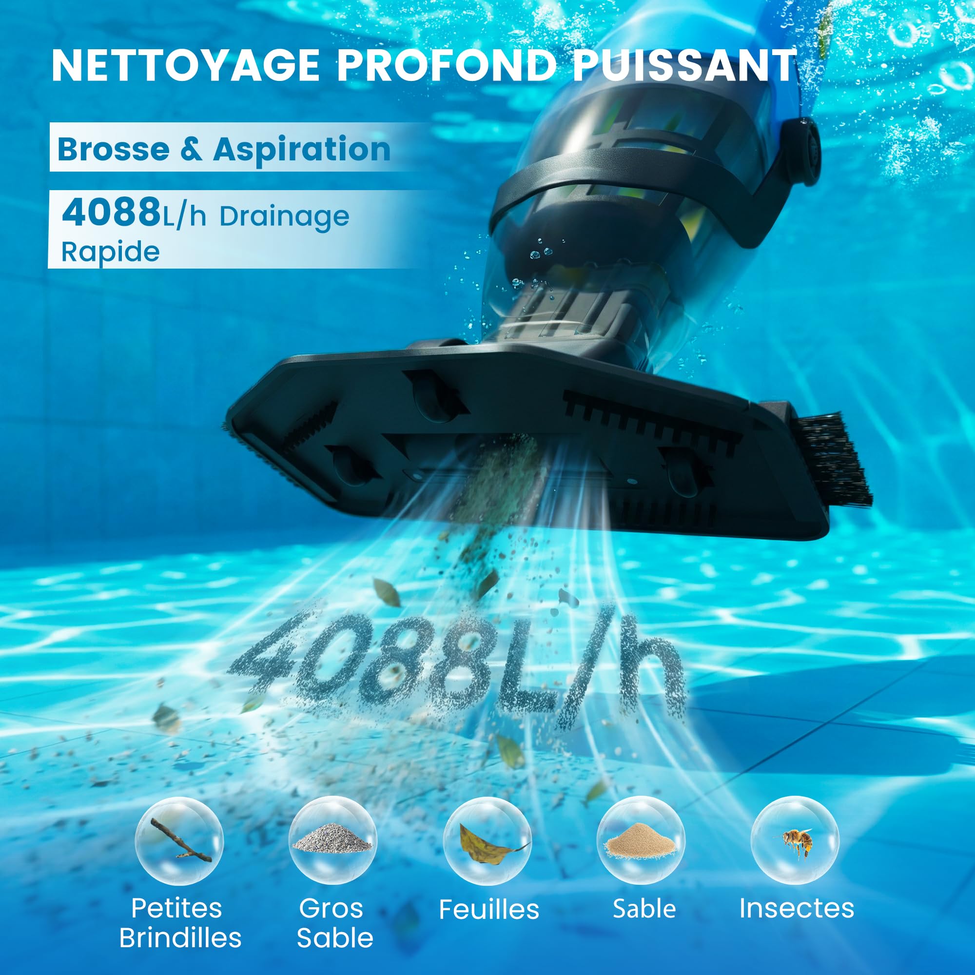Aspirateur de Piscine sans Fil, aspirateur de Fond de Piscine avec autonomie Jusqu’à 90 Minutes,Nettoyeur de Piscine, Puissance d’Aspiration Jusqu’à 4088 L/h, idéal pour spas et Hot tubs