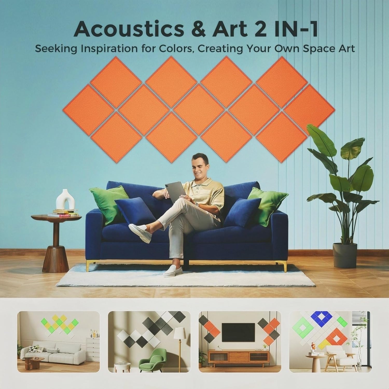 Self-Adhesive Acoustic Panels [390 lbs/yd³ Ultra-High Density], 2nd Generation Sound Absorbing Panel, Professional Level Sound Panel, Polyester Soundproof Foam [Square, Orange]