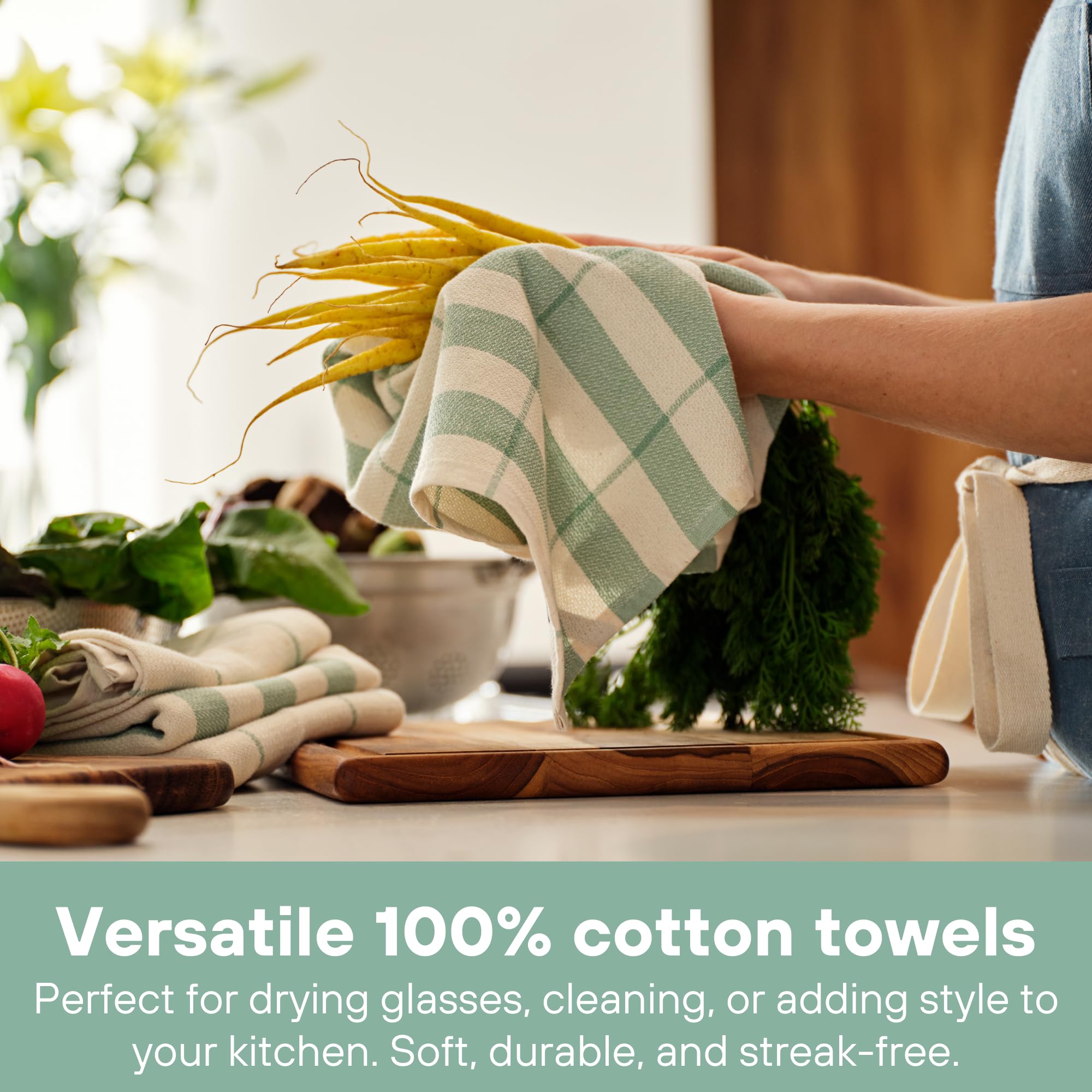MEEMA Set di 4 strofinacci da cucina e strofinacci, grandi, 45 x 71 cm, in cotone riciclato, strofinacci in cotone super assorbente per la cucina, a righe verde salvia, asciugamani