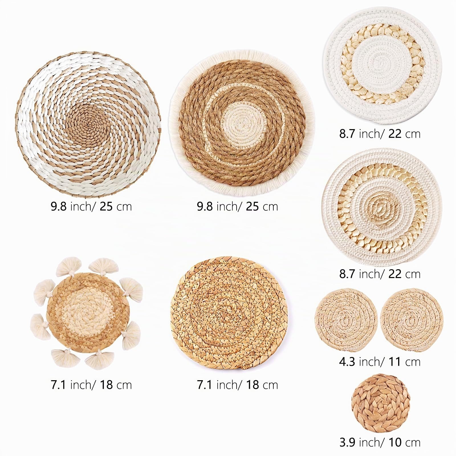 Set di 9 cestini da parete in stile bohémien, da appendere, in rattan, vimini, decorazione da parete, ecologica, rotonda, per casa, camera da letto, soggiorno, tavolo, cucina, casa