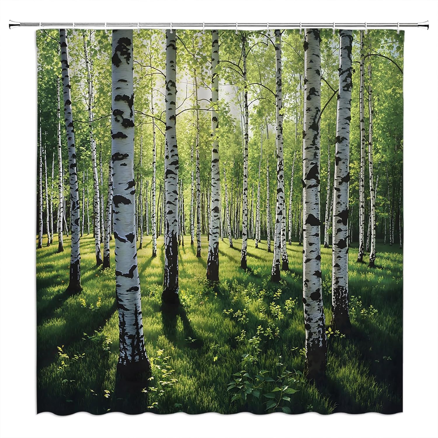 Green Forest Extra Long Shower Curtain,White Birch Tree Nature Landscape Bathroom Home Curtain Decor with Hooks,70x78 Inch