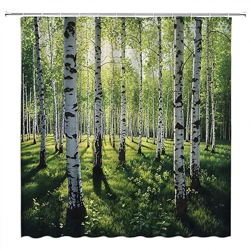 Cortina de ducha de bosque verde, árbol de abedul blanco, paisaje natural, decoración del hogar, cortina con ganchos, 70 x 70 pulgadas