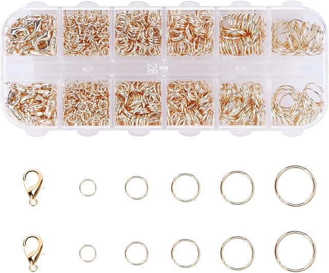 1060pcs Metal Open Jump Rings Lobster Clasps, 4-10mm Mixed Size Gilded Plated Round Ring Connectors and 6 x 12mm Lobster Claw Clasp for DIY Jewelry Making Supplies Findings and Necklace Repair(Gold)