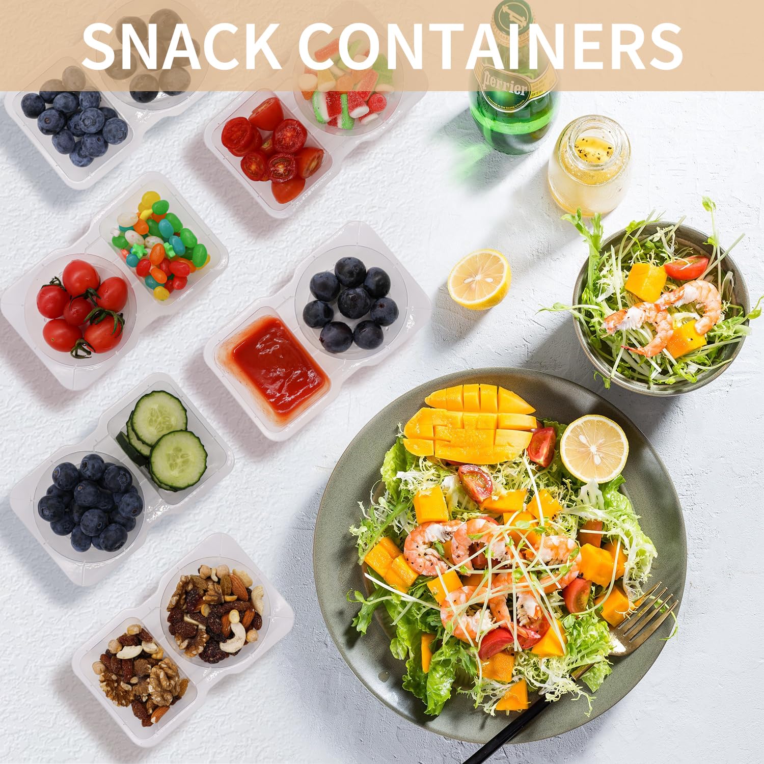 Set di 20 contenitori per snack con coperchio, contenitori per snack, a doppio scomparto, in plastica, per salse, insalata, snack, viaggi e condimenti da asporto