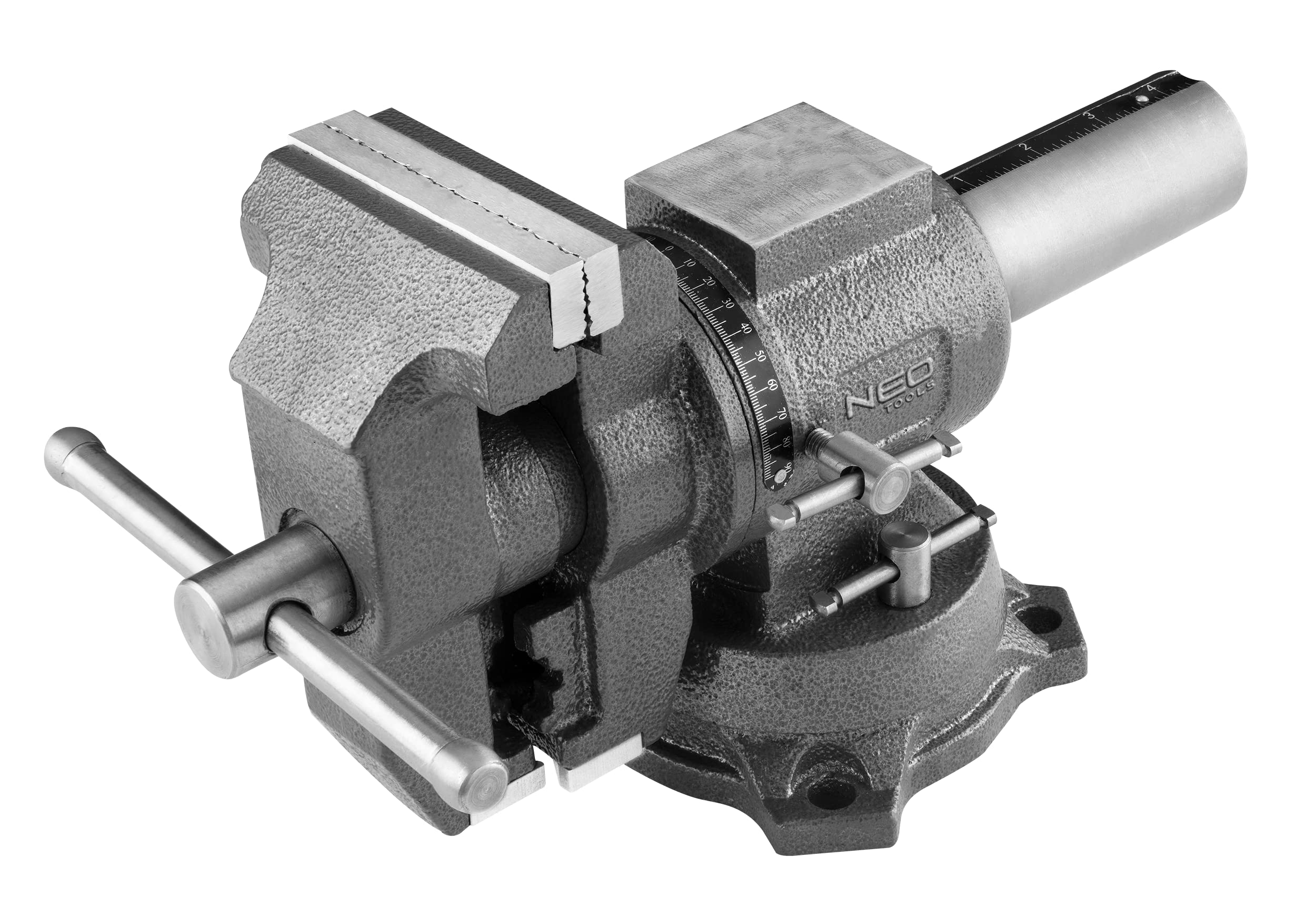 NEO TOOLS Obrotowe imadło ślusarskie 100 mm, 360 stopni, z kowadłem, dwa rodzaje szczęk do owalnych i regularnych przedmiotów. Wykonane z żeliwa