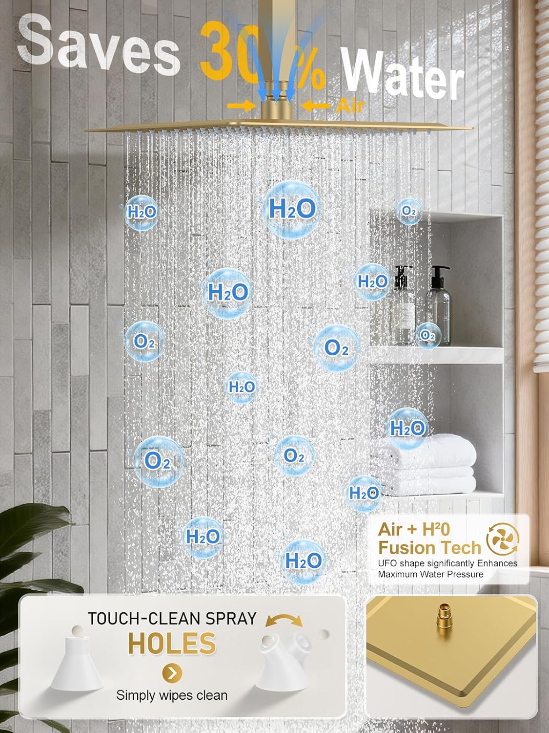 Shower Faucet Set, 10" Ceiling Mount Rainfall Shower System with 2 Rain Shower Head and Multi-function Handheld Head Push Button Diverter Shower Faucet Trim Kit Brushed Gold - Image 4